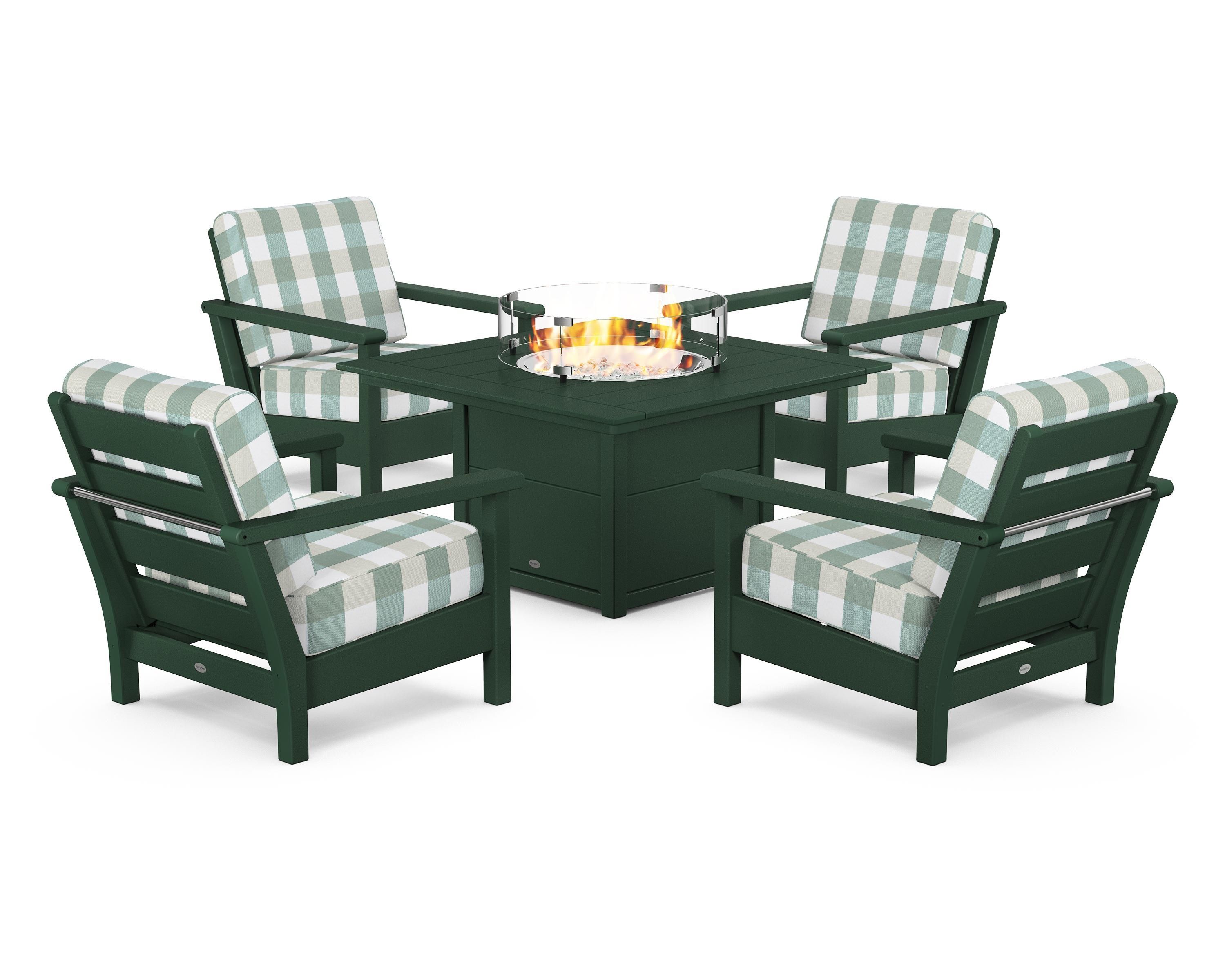 POLYWOOD® Harbour 5-Piece Conversation Set with Fire Pit Table in Green / Buffalo Plaid Glacier Spa