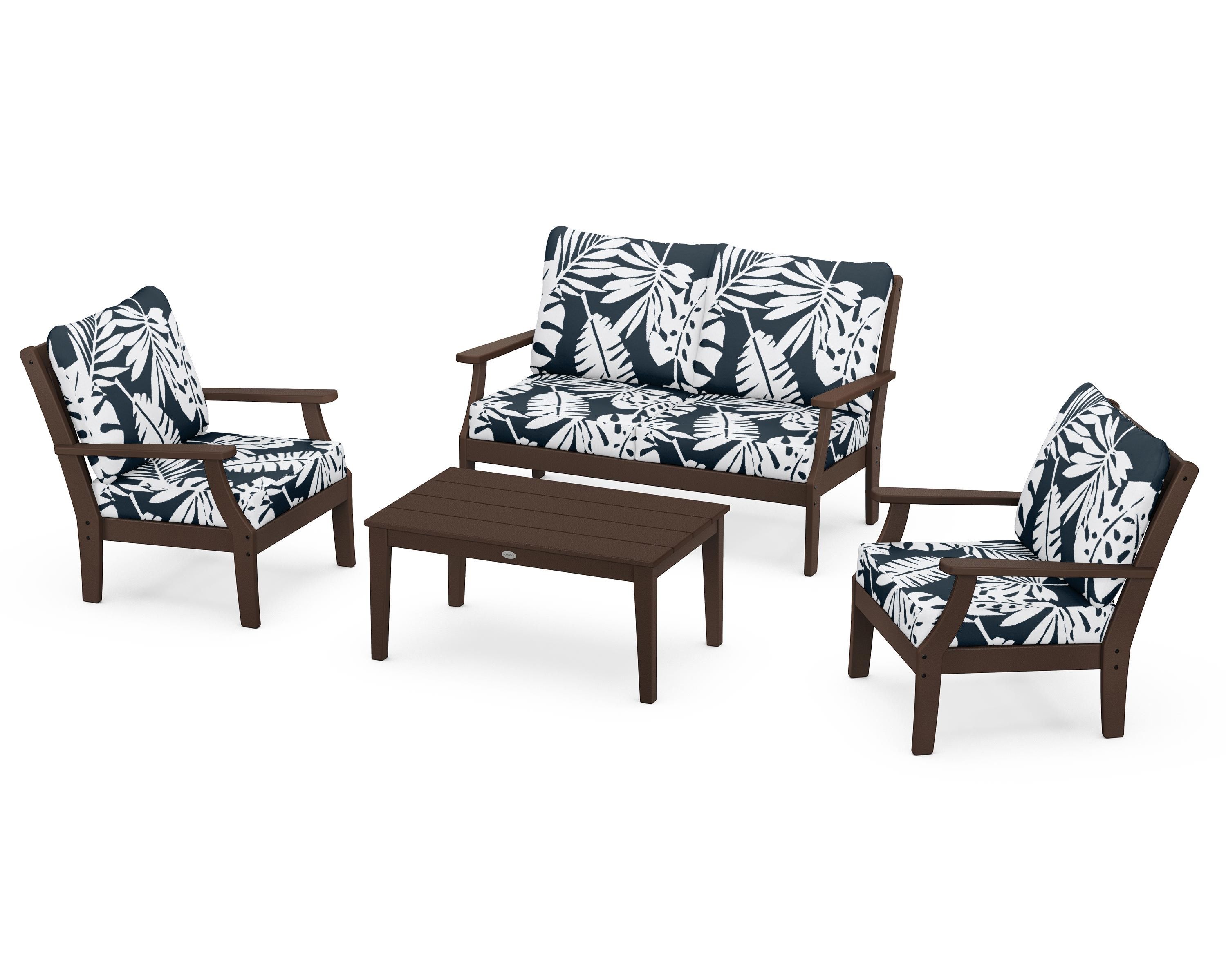 POLYWOOD® Braxton 4-Piece Deep Seating Chair Set in Mahogany / Leaf Marine Indigo