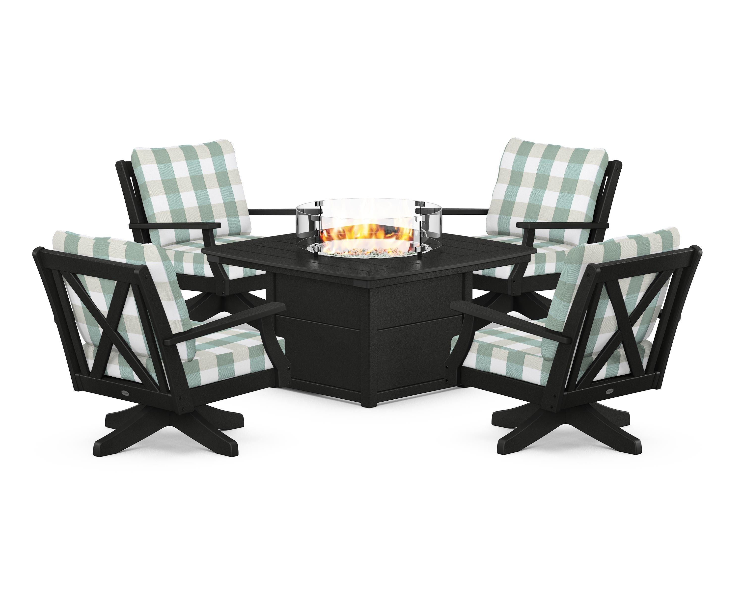 POLYWOOD® Braxton 5-Piece Deep Seating Swivel Conversation Set with Fire Pit Table in Black / Buffalo Plaid Glacier Spa