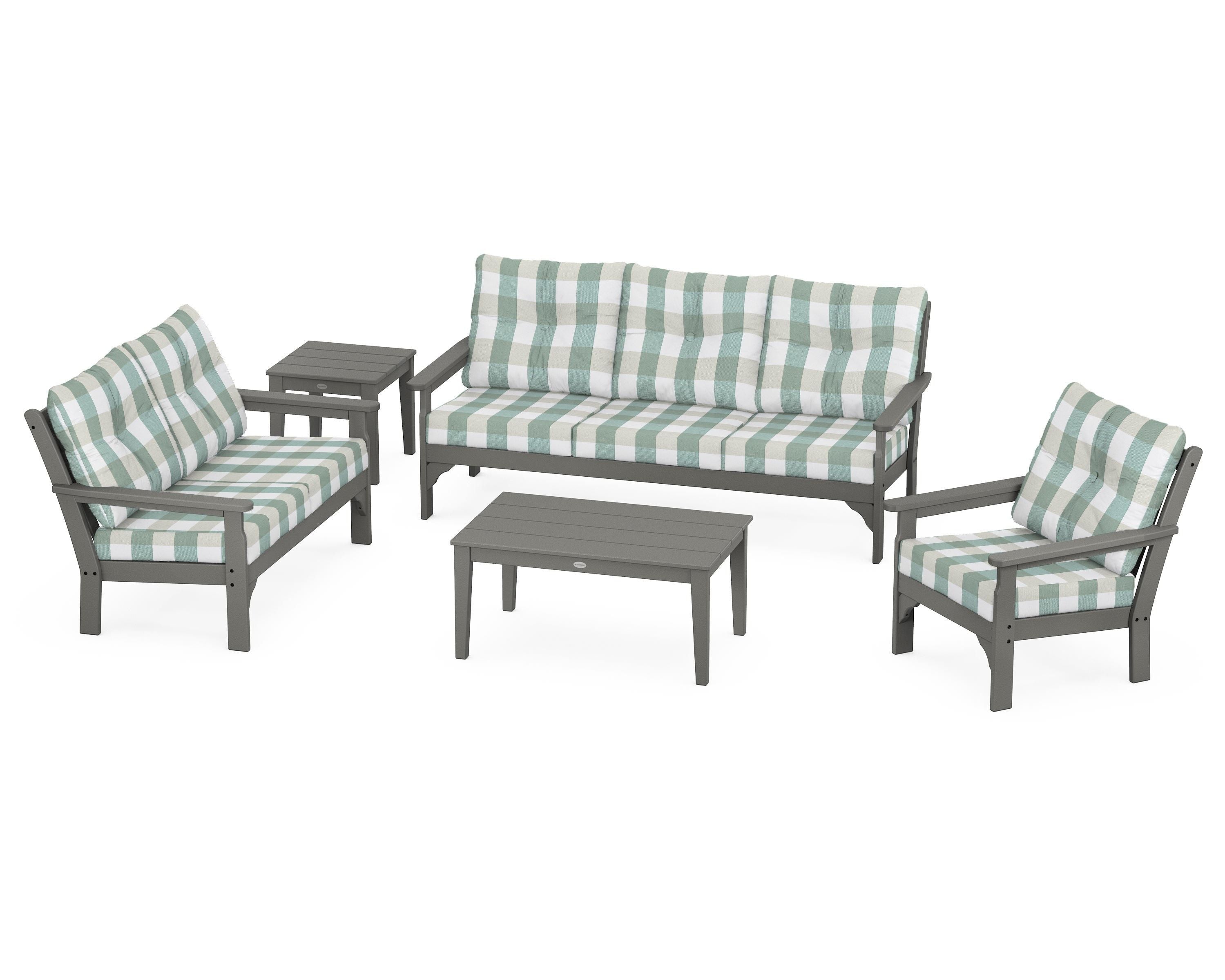 POLYWOOD® Vineyard 5 Piece Deep Seating Set in Slate Grey / Buffalo Plaid Glacier Spa