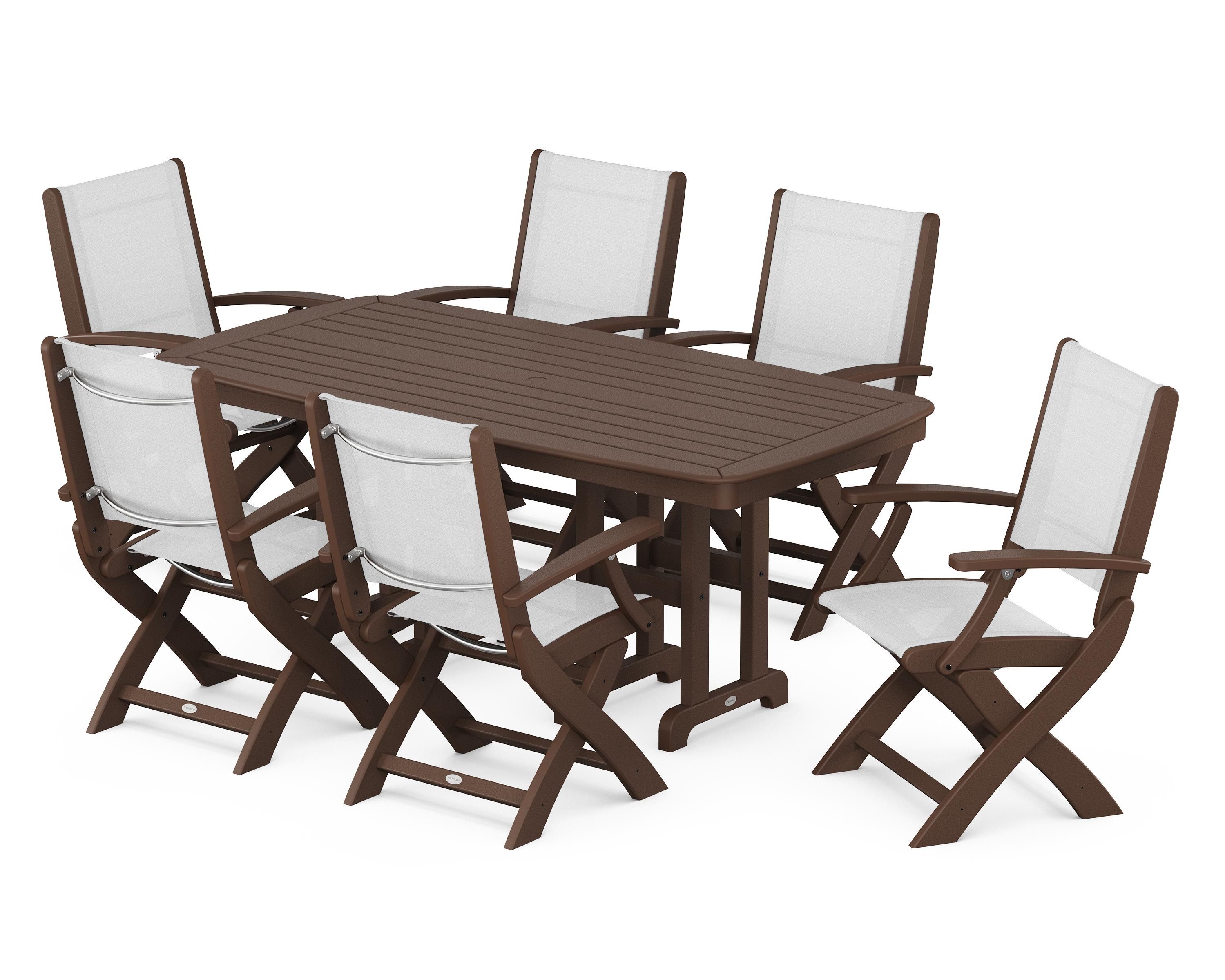 POLYWOOD® Coastal Folding Arm Chair 7-Piece Dining Set in Mahogany / White Sling
