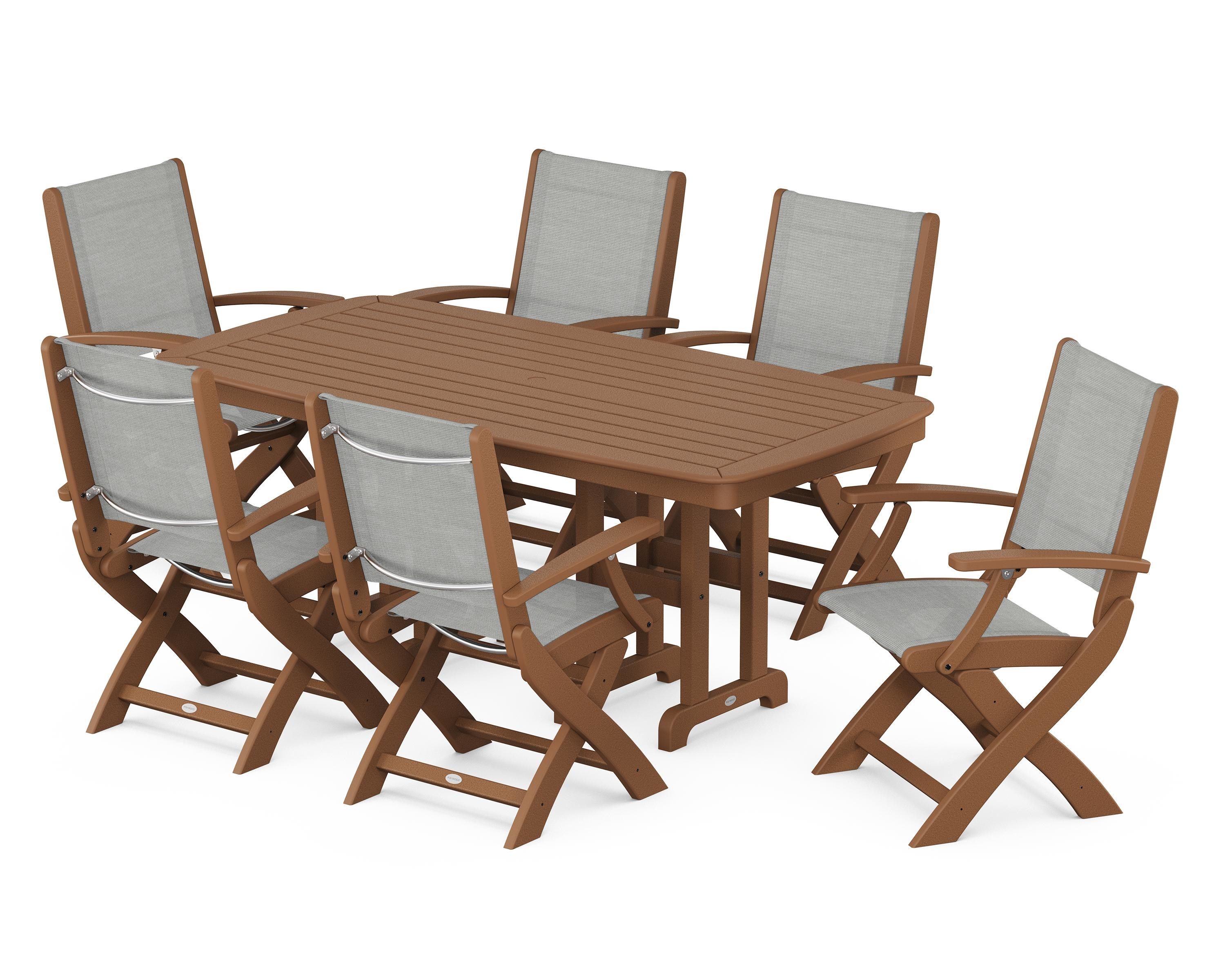 POLYWOOD® Coastal Folding Arm Chair 7-Piece Dining Set in Teak / Metallic Sling