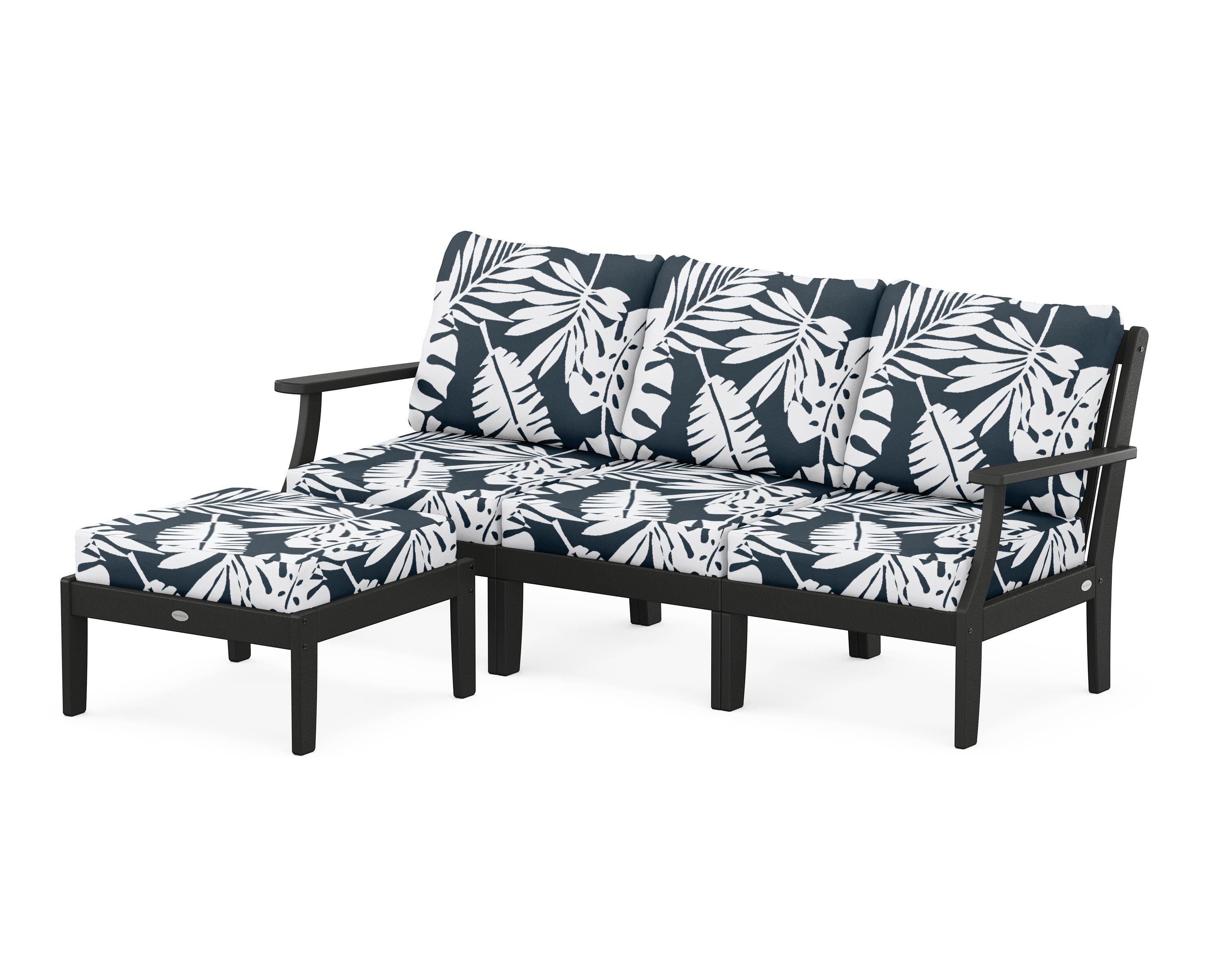 POLYWOOD® Braxton Modular 4-Piece Deep Seating Set with Ottoman in Black / Leaf Marine Indigo