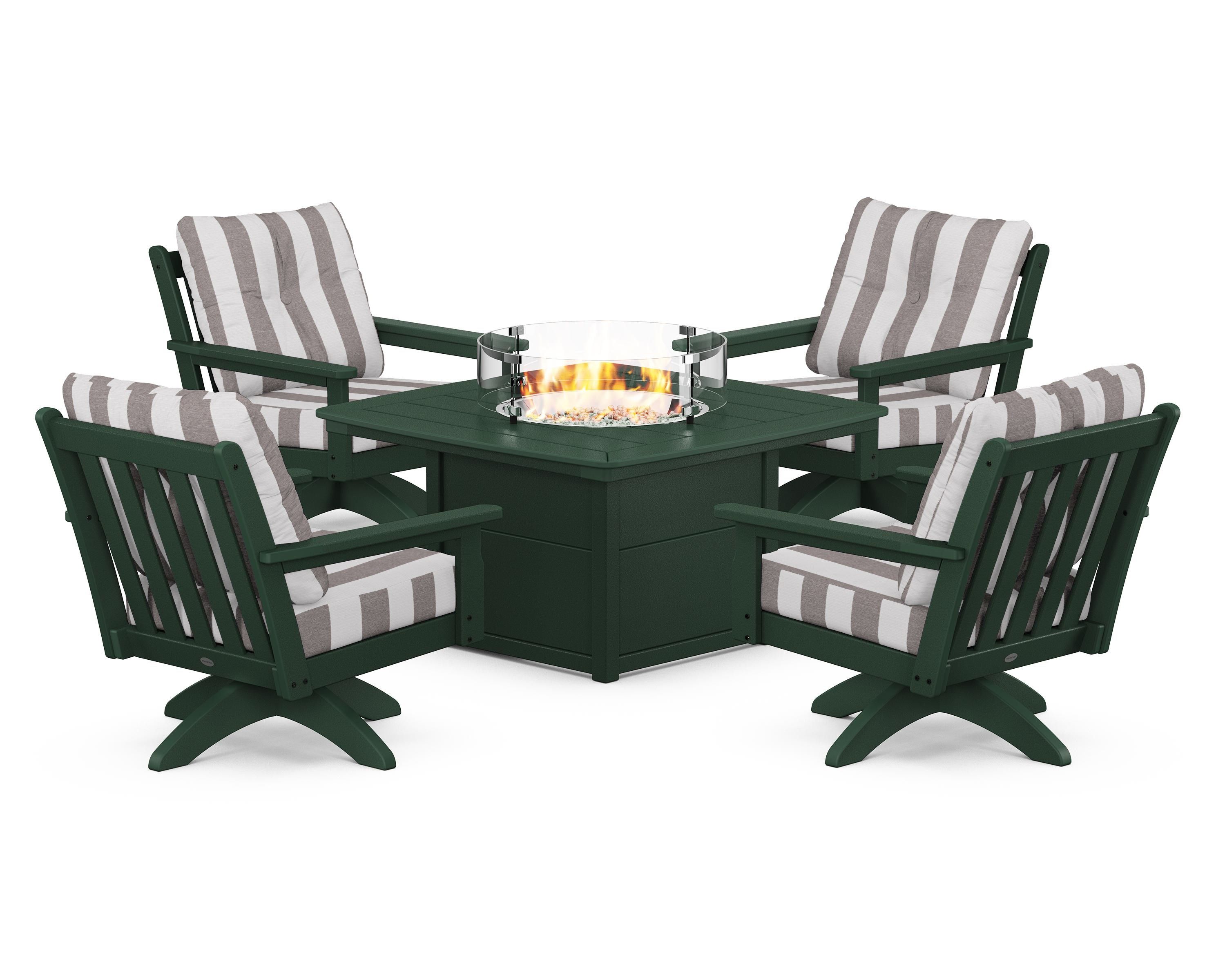 POLYWOOD® Vineyard 5-Piece Deep Seating Swivel Conversation Set with Fire Pit Table in Green / Cabana Stripe Grey Mist