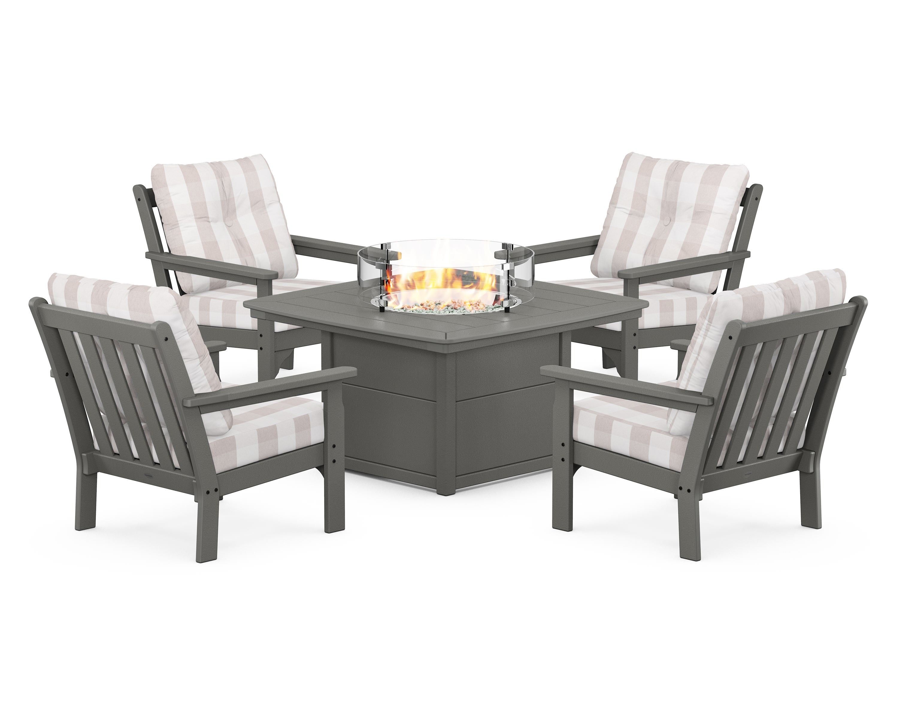 POLYWOOD® Vineyard 5-Piece Conversation Set with Fire Pit Table in Slate Grey / Buffalo Plaid Dune Burlap