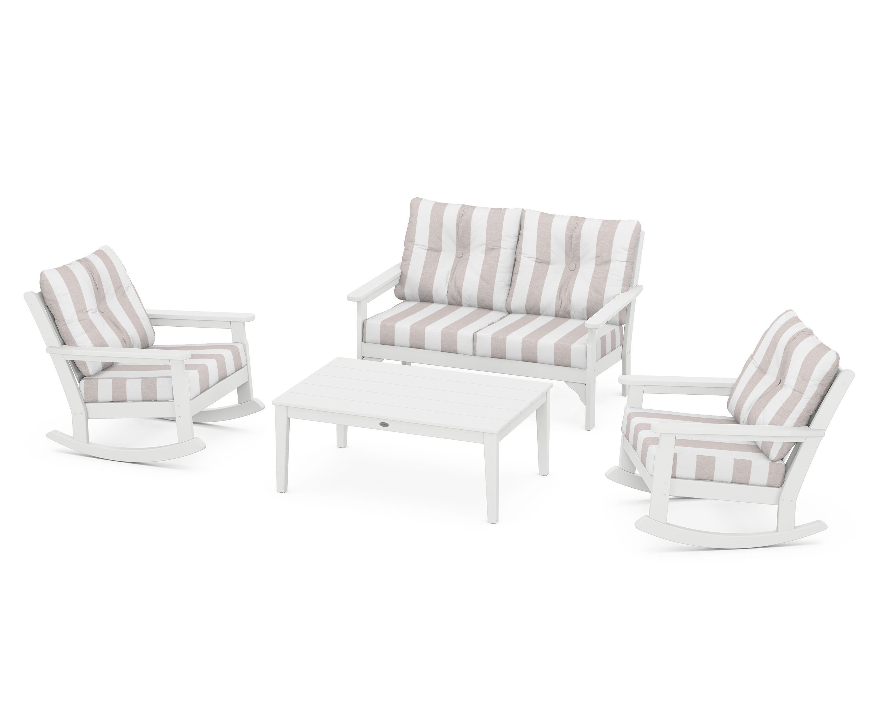 POLYWOOD® Vineyard 4-Piece Deep Seating Rocking Chair Set in White / Cabana Stripe Dune Burlap