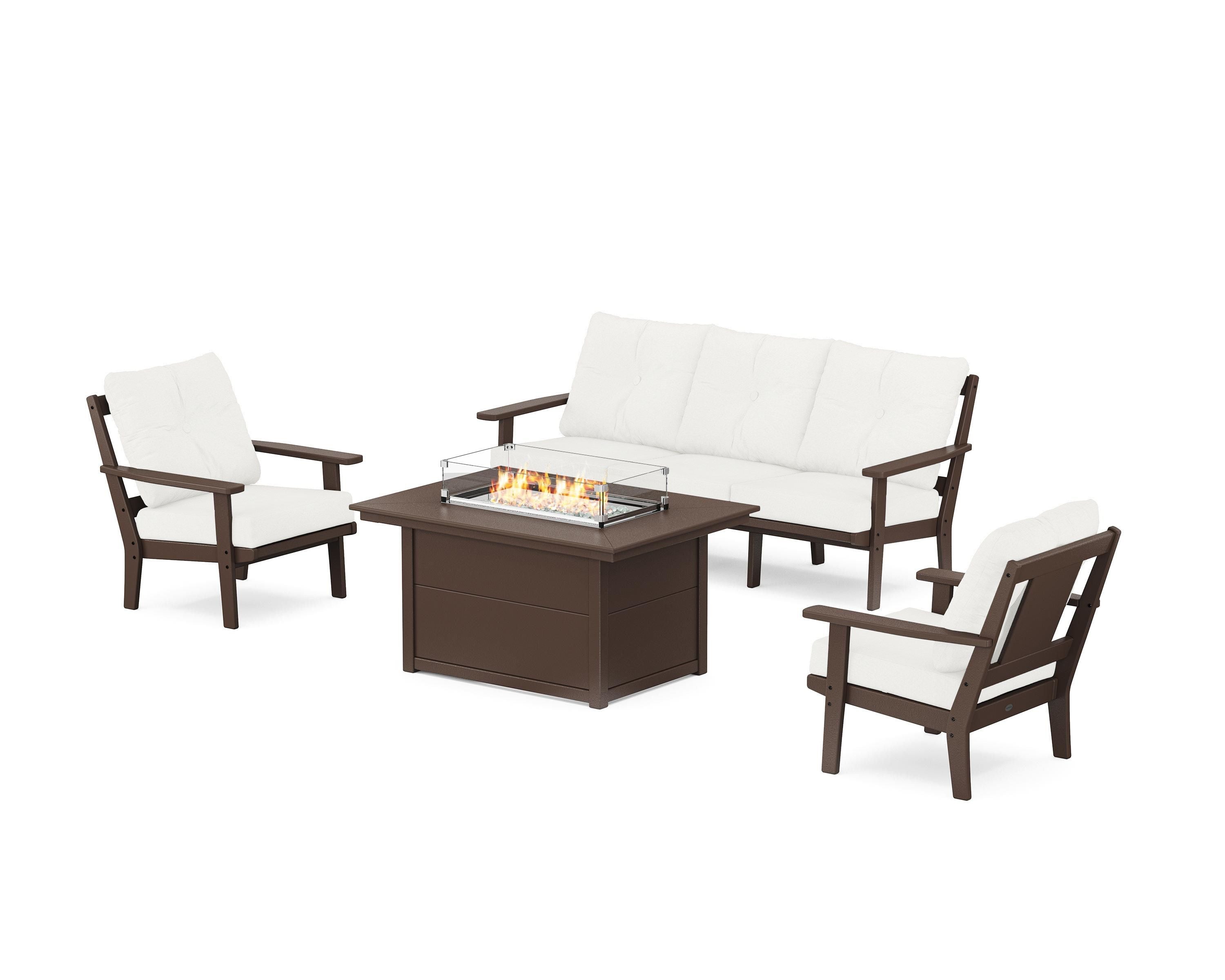 POLYWOOD® Prairie Deep Seating Fire Pit Table Set in Mahogany / Natural Linen