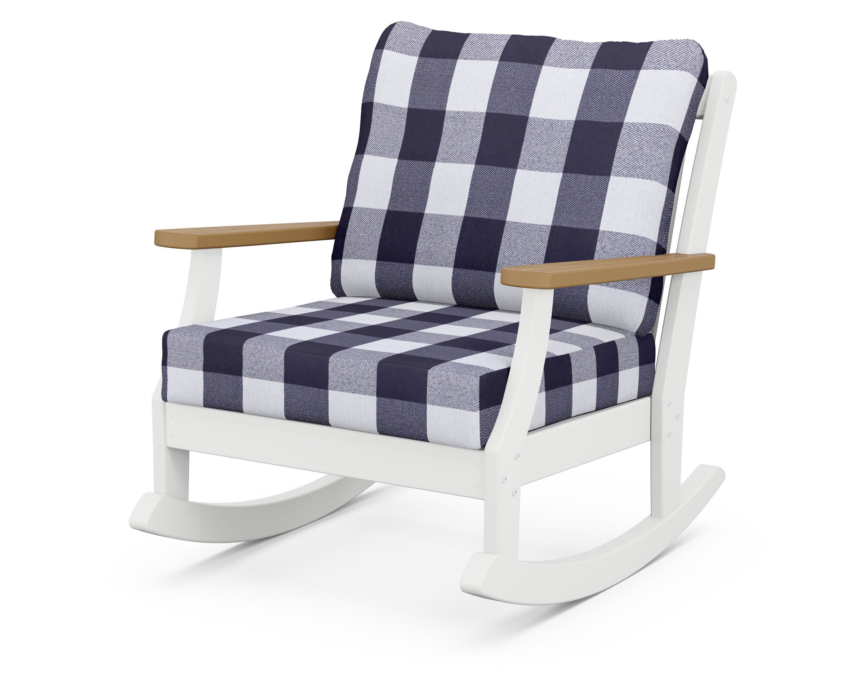 POLYWOOD® Braxton Deep Seating Rocking Chair in White / Natural / Buffalo Plaid Navy