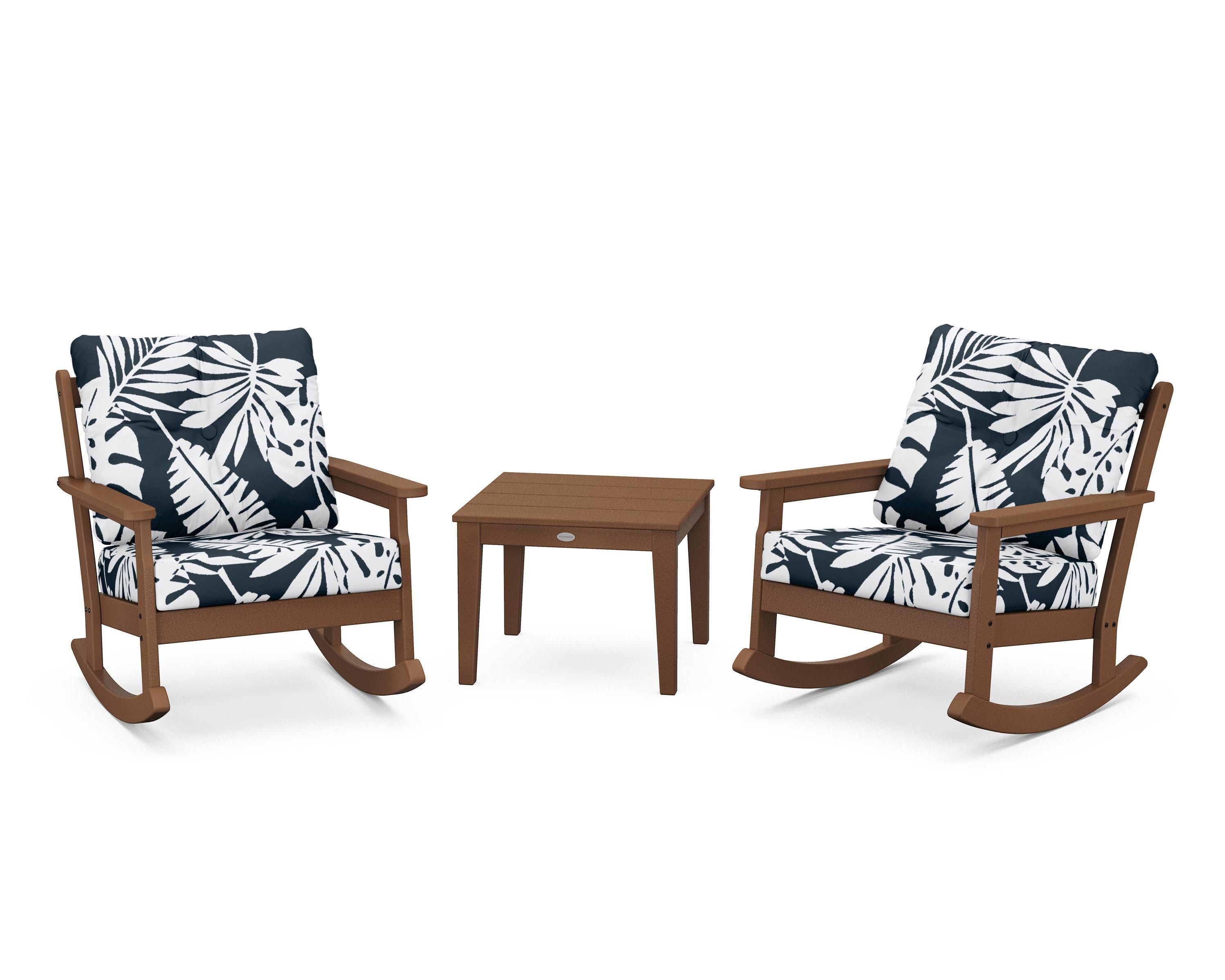 POLYWOOD® Vineyard 3-Piece Deep Seating Rocker Set in Teak / Leaf Marine Indigo