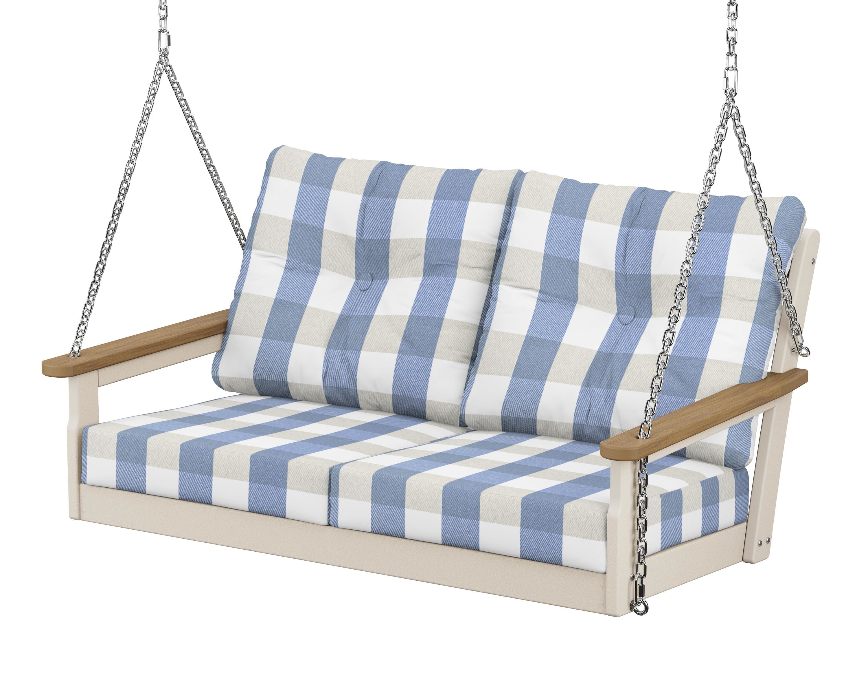 POLYWOOD® Vineyard Deep Seating Swing in Sand / Natural / Buffalo Plaid Sky Blue