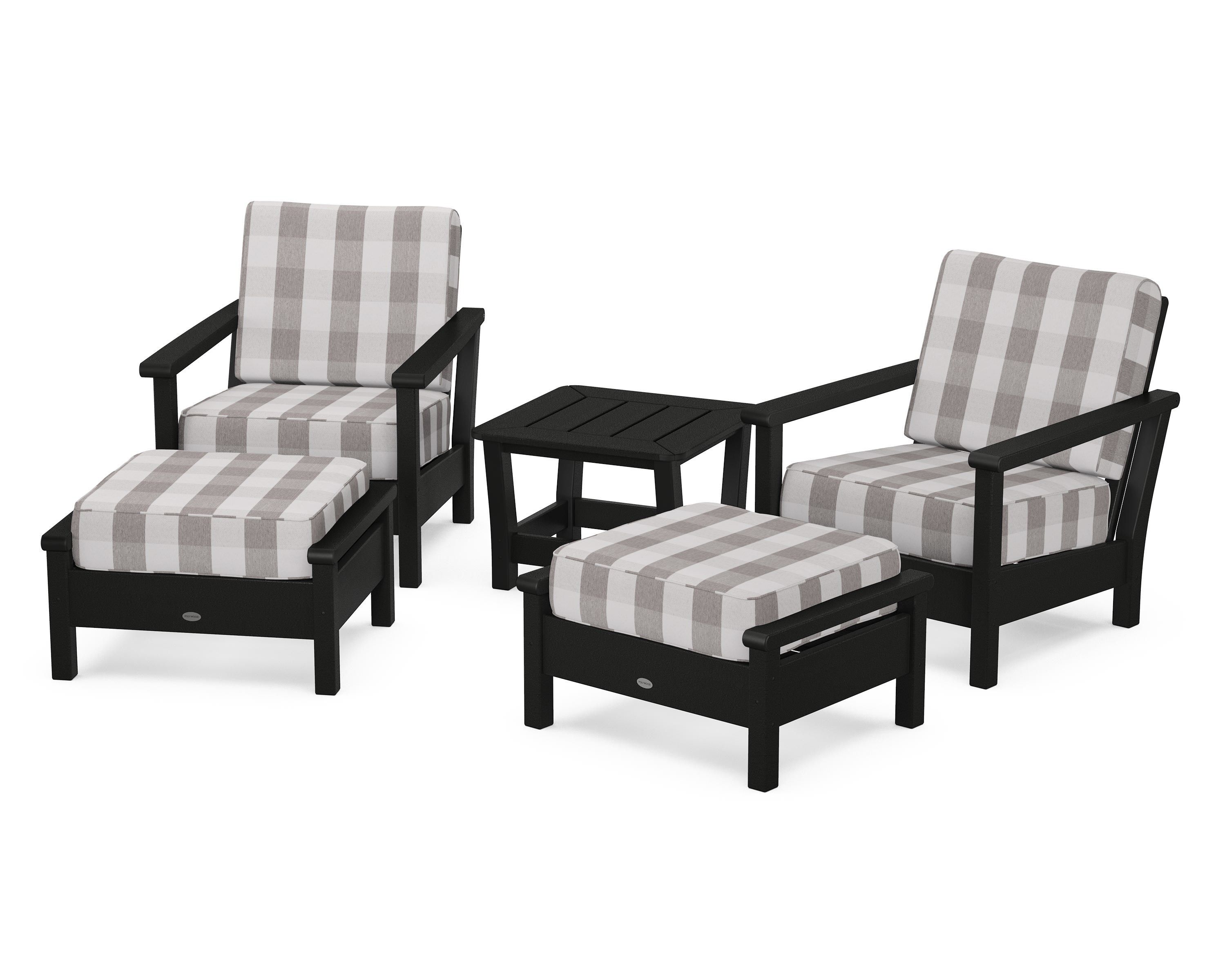 POLYWOOD® Harbour 5-Piece Deep Seating Chair Set in Black / Buffalo Plaid Grey Mist