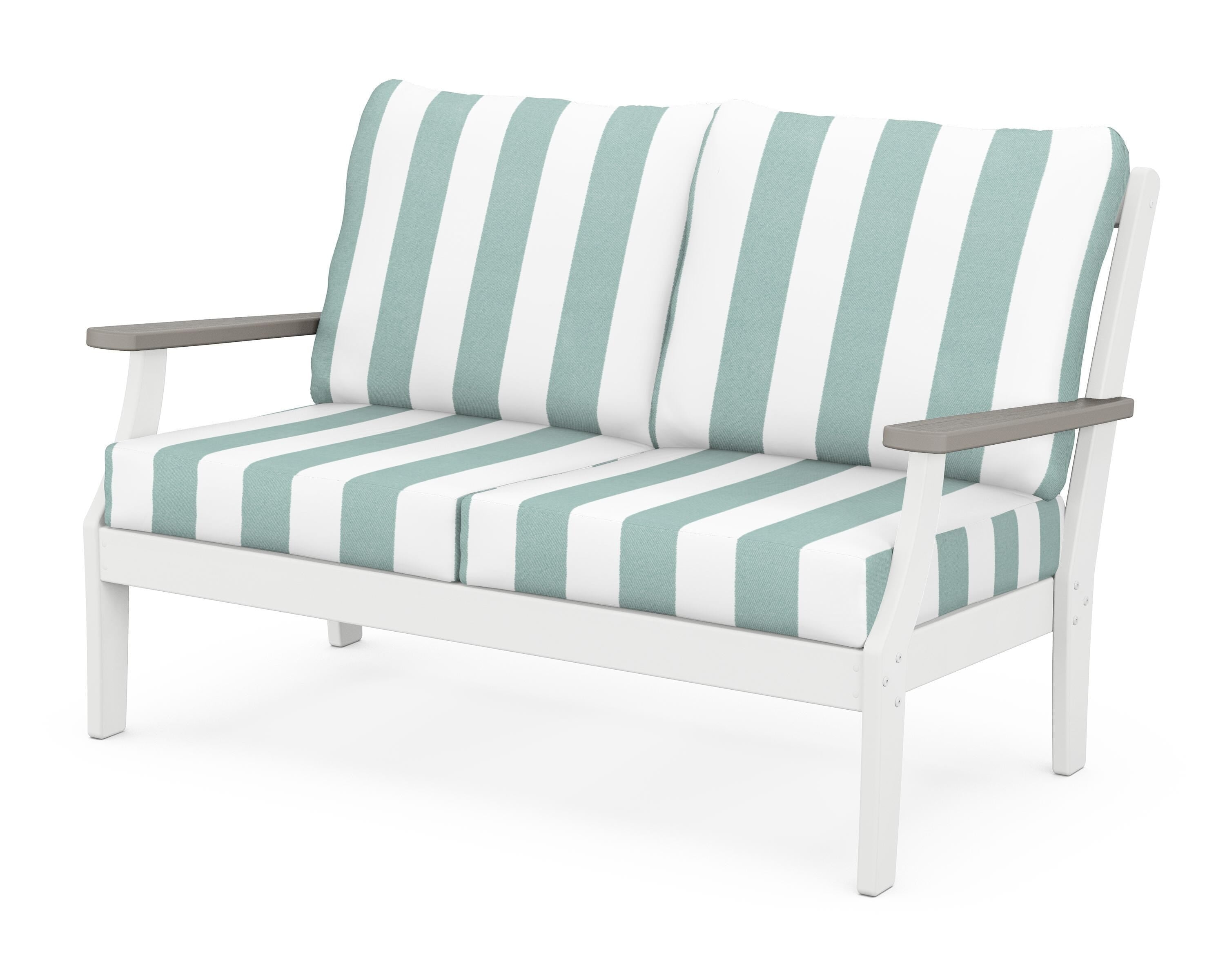 POLYWOOD® Braxton Deep Seating Loveseat in White / Driftwood / Cabana Stripe Glacier Spa