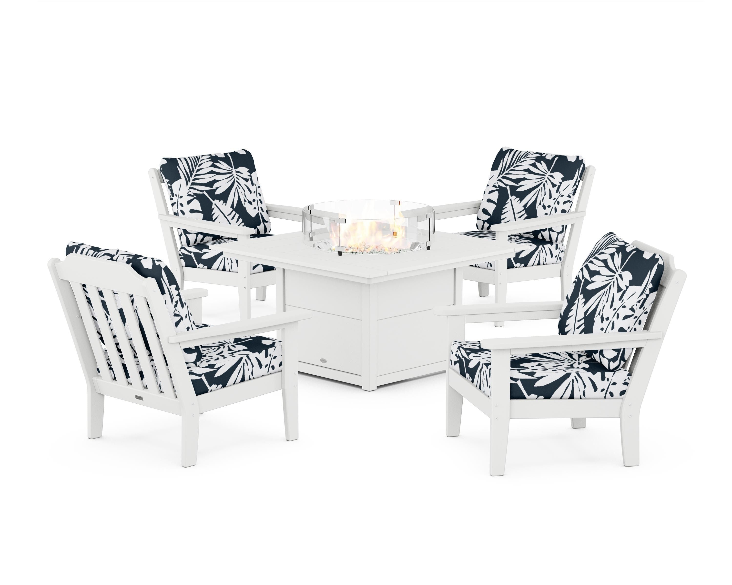 Country Living Cottage 5-Piece Deep Seating Set with Fire Pit Table in White / Leaf Marine Indigo