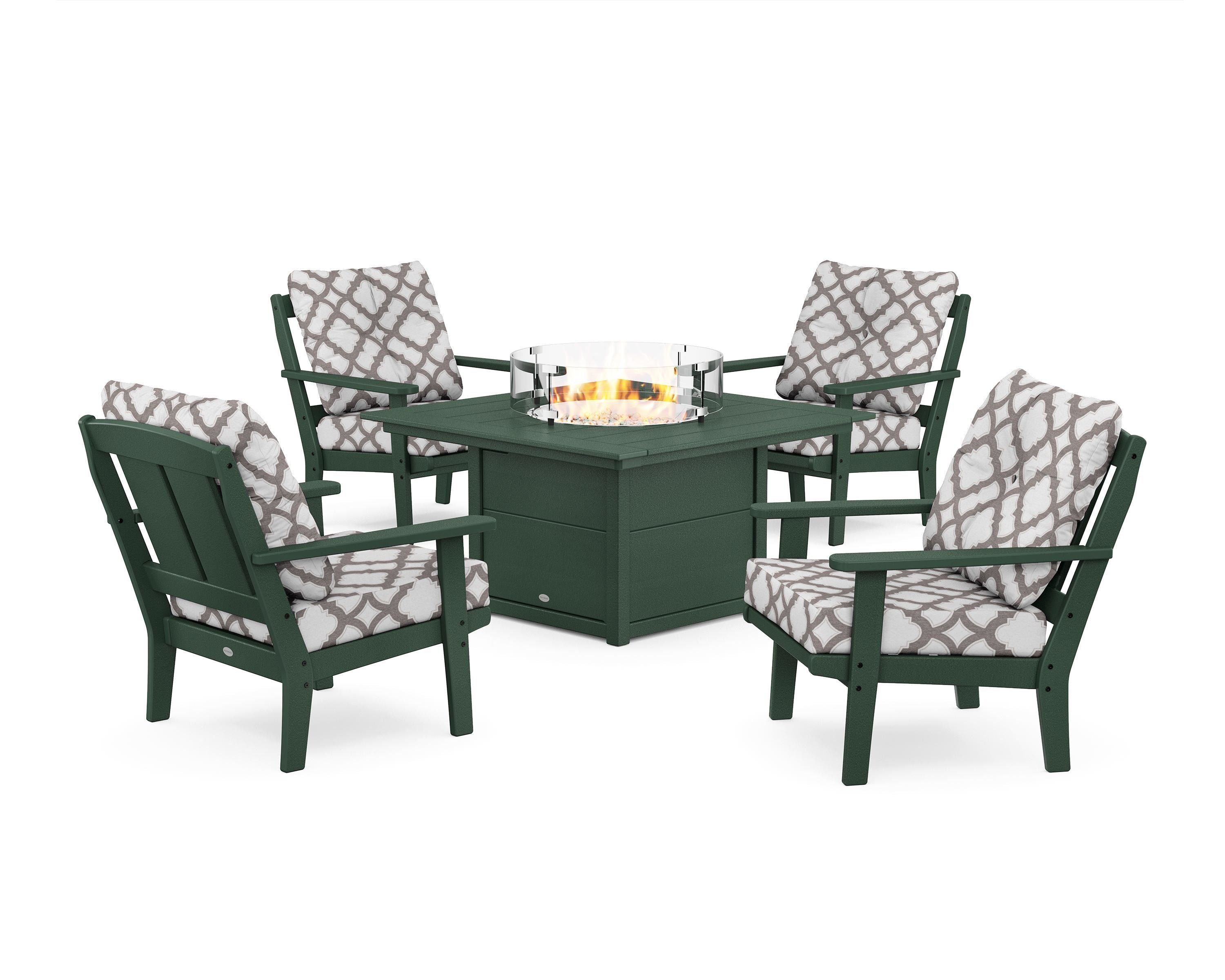 POLYWOOD® Mission 5-Piece Deep Seating Set with Fire Pit Table in Green / Trellis Grey Mist