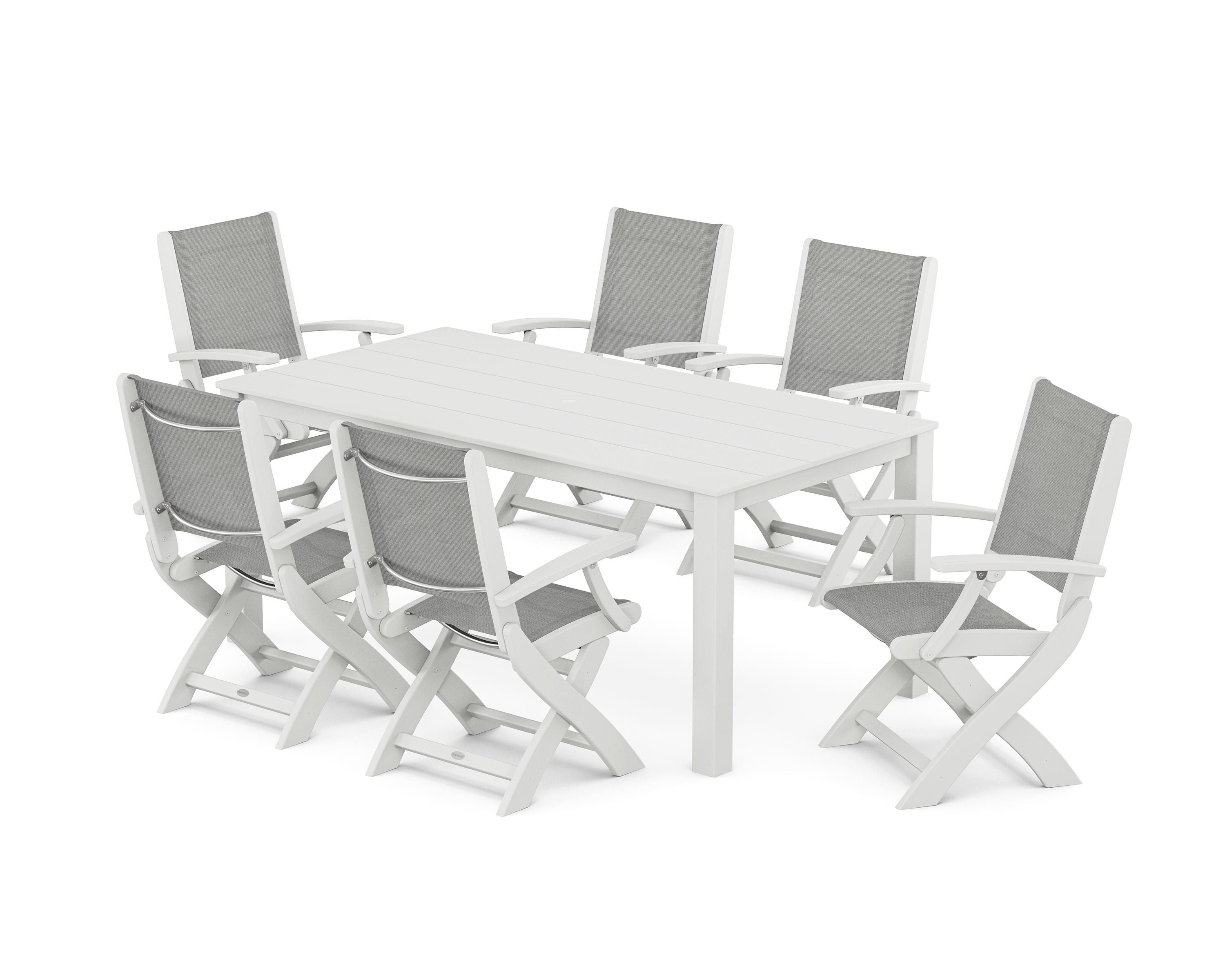 POLYWOOD® Coastal Folding Chair 7-Piece Parsons Dining Set in White / Metallic Sling
