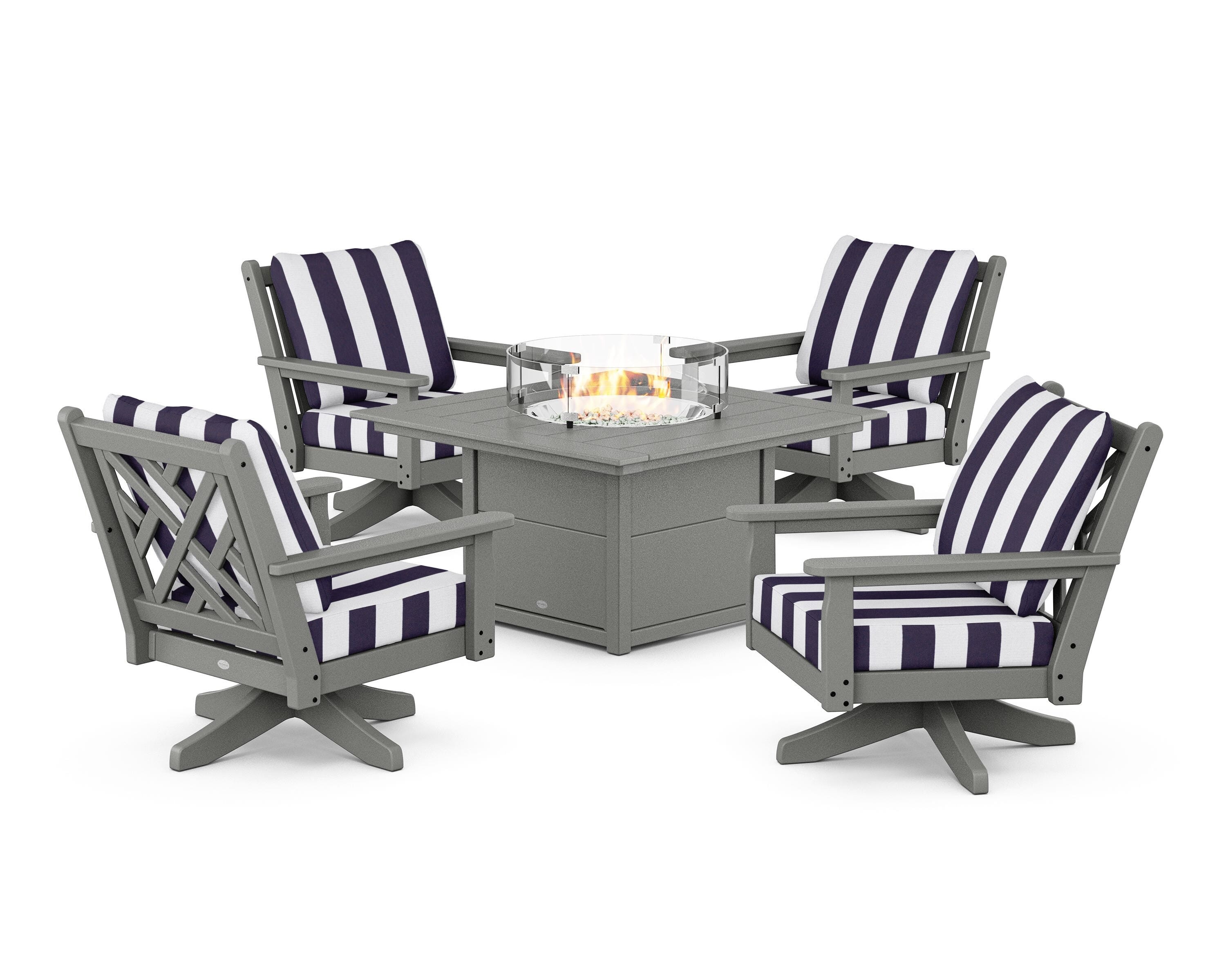 POLYWOOD® Chippendale 5-Piece Deep Seating Swivel Conversation Set with Fire Pit Table in Slate Grey / Cabana Stripe Navy