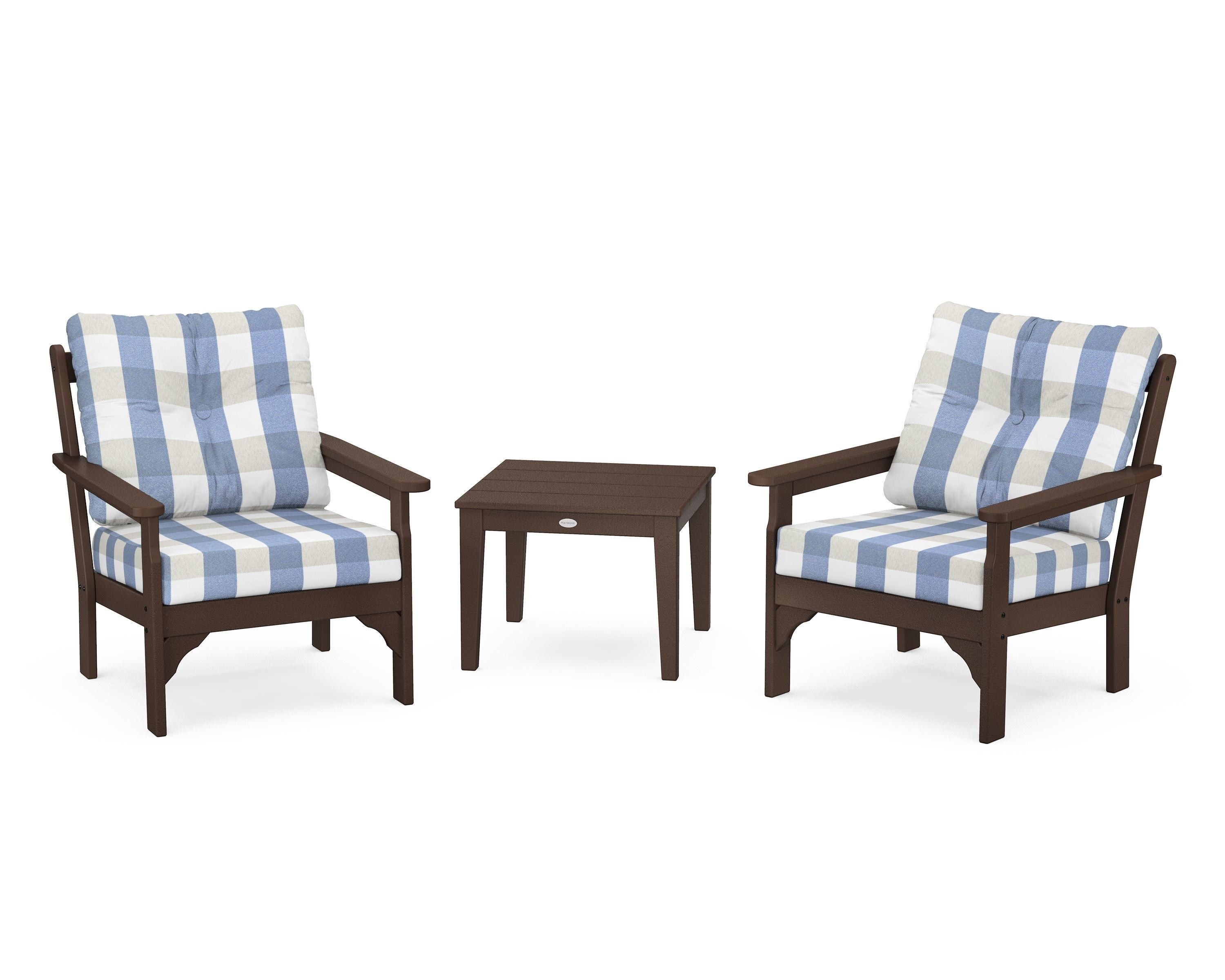 POLYWOOD® Vineyard 3-Piece Deep Seating Set in Mahogany / Buffalo Plaid Sky Blue