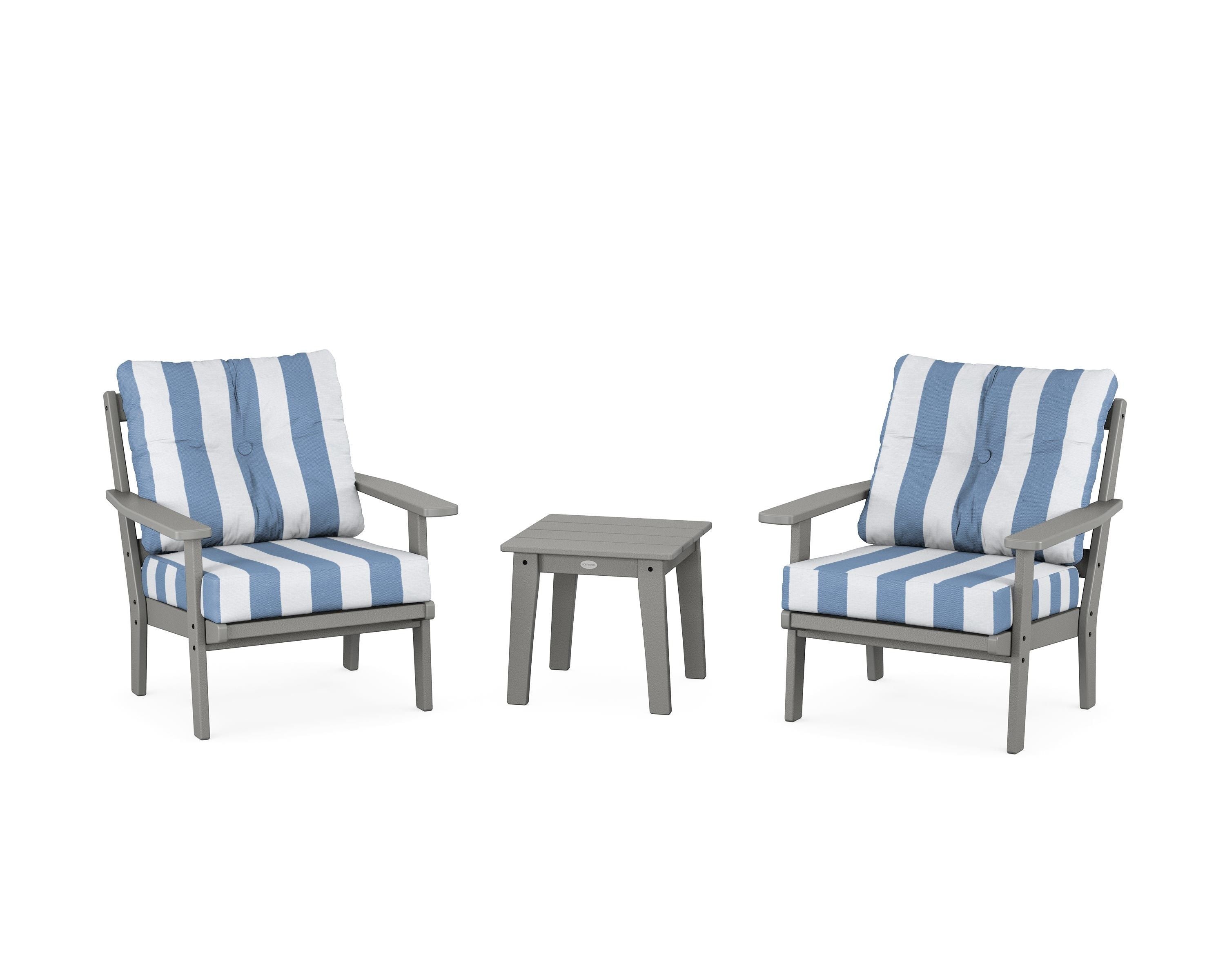 POLYWOOD® Oxford 3-Piece Deep Seating Set in Slate Grey / Cabana Stripe Sky Blue