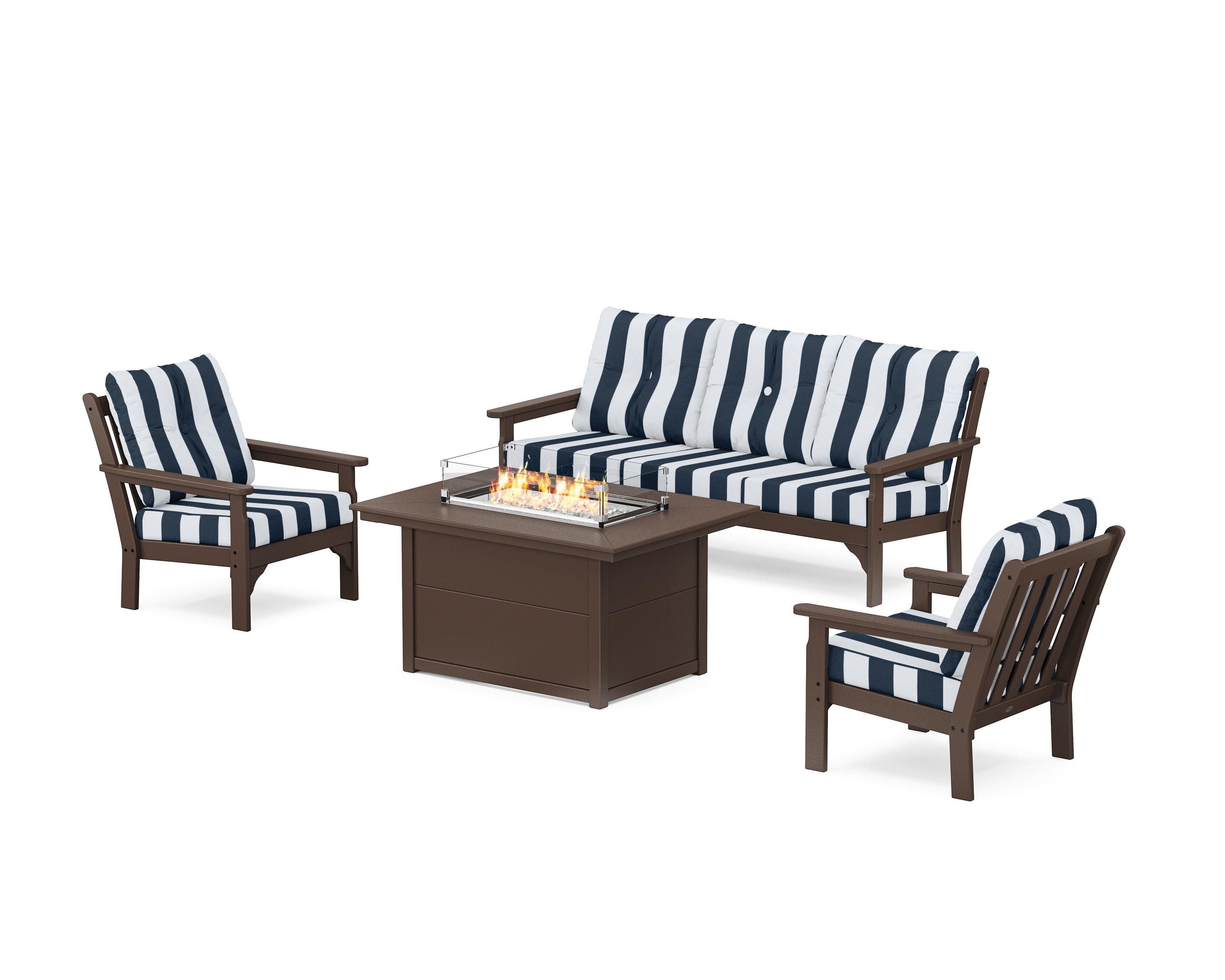 POLYWOOD® Vineyard Deep Seating Fire Pit Table Set in Mahogany / Cabana Stripe Marine Indigo