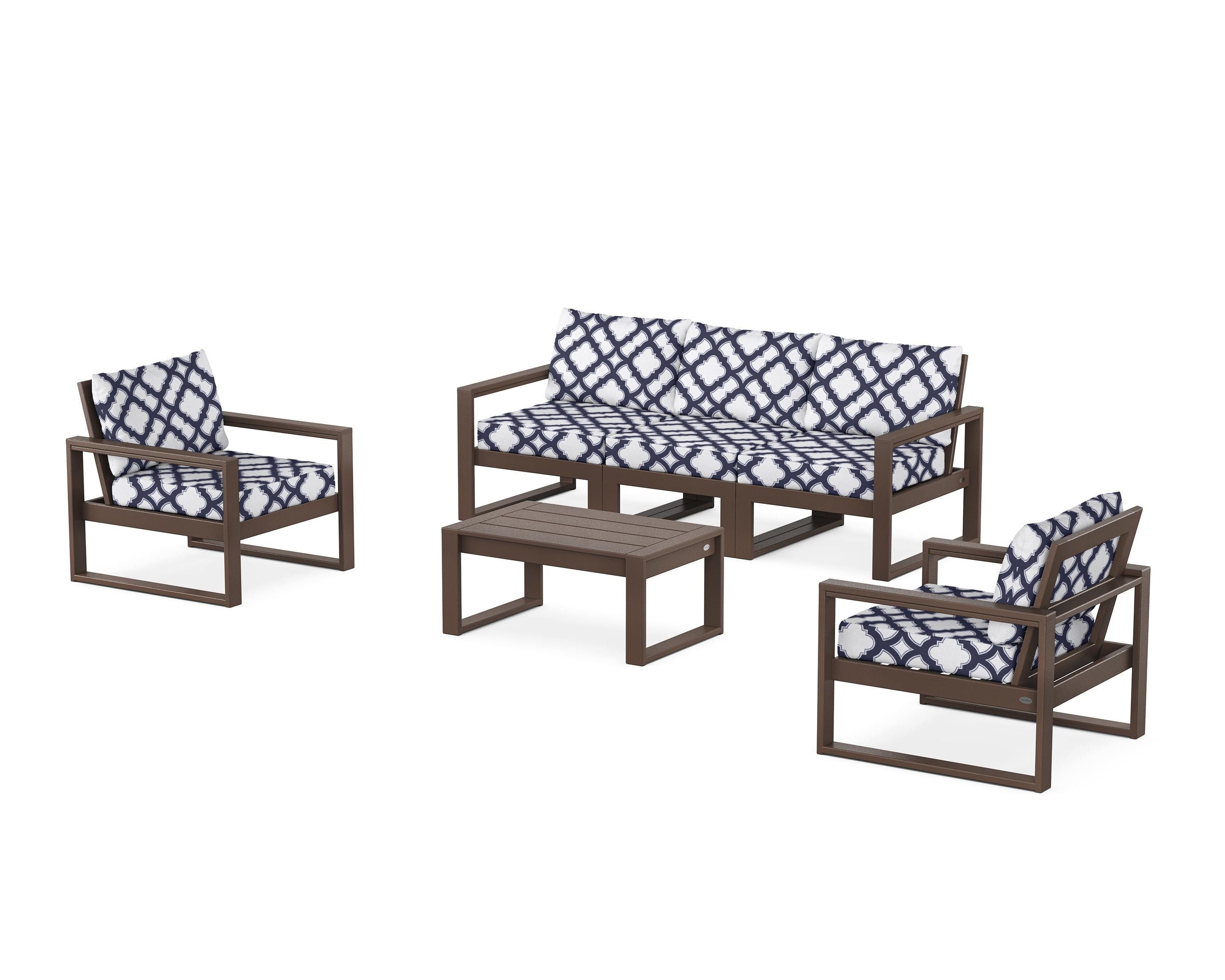 POLYWOOD® EDGE Sectional 4-Piece Deep Seating Set with Sofa in Mahogany / Trellis Navy