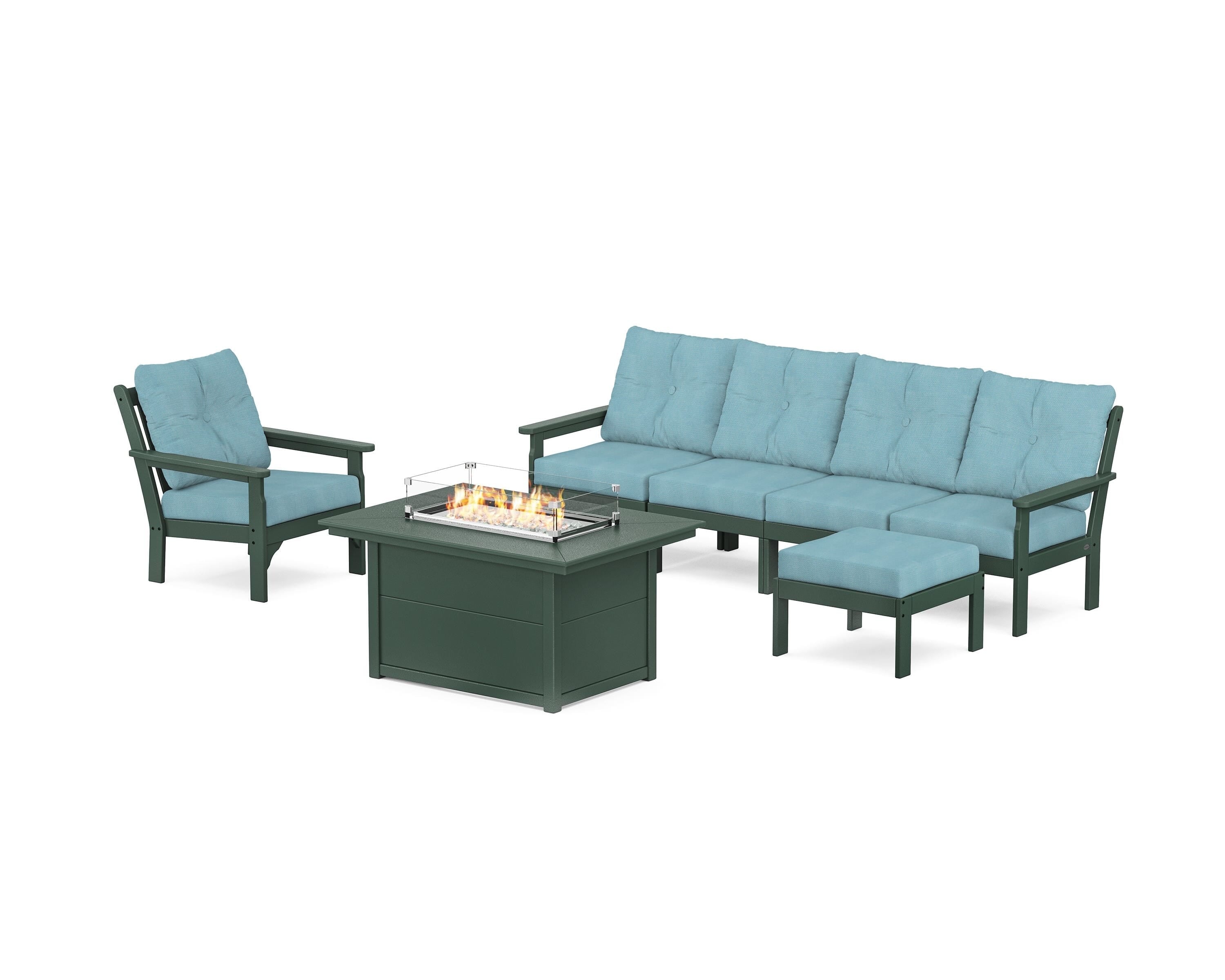 POLYWOOD® Vineyard Sectional Lounge and Fire Pit Set in Green / Lattice Sky Blue