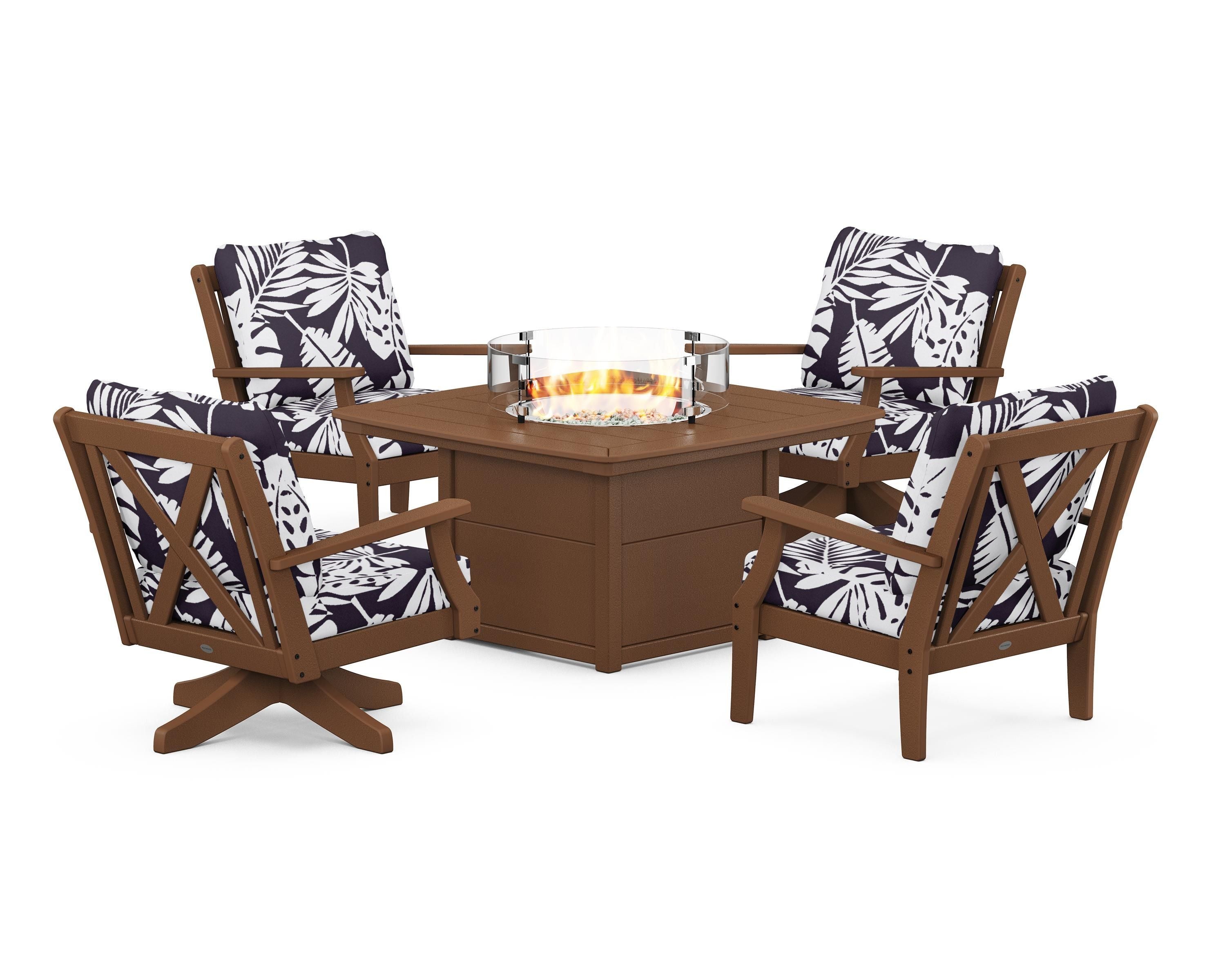 POLYWOOD® Braxton 5-Piece Deep Seating Set with Fire Table in Teak / Leaf Navy