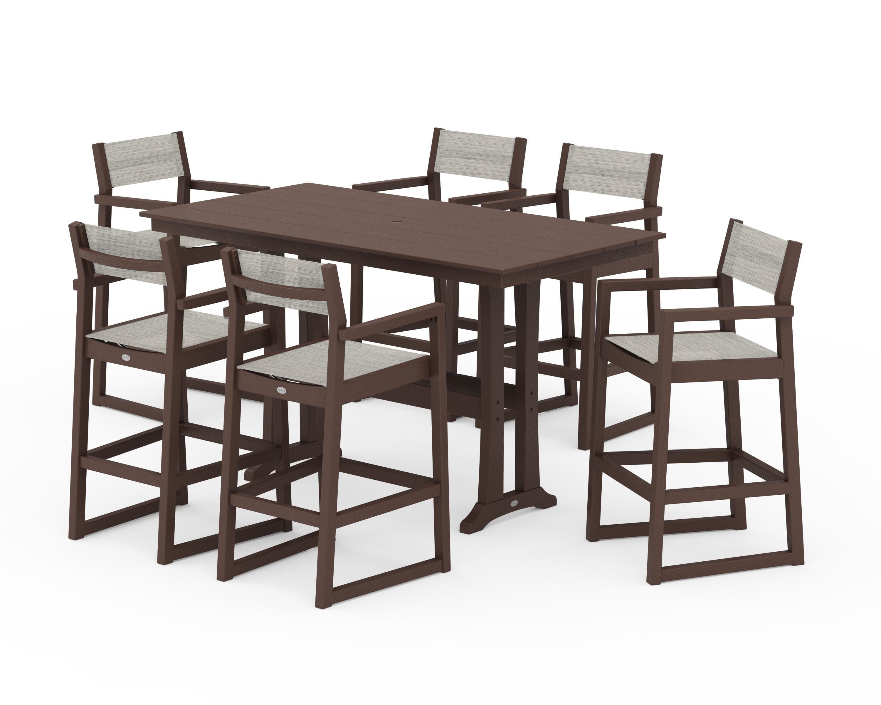 POLYWOOD® EDGE Sling Arm Chair 7-Piece Farmhouse Bar Set with Trestle Legs in Mahogany / Birch Sling