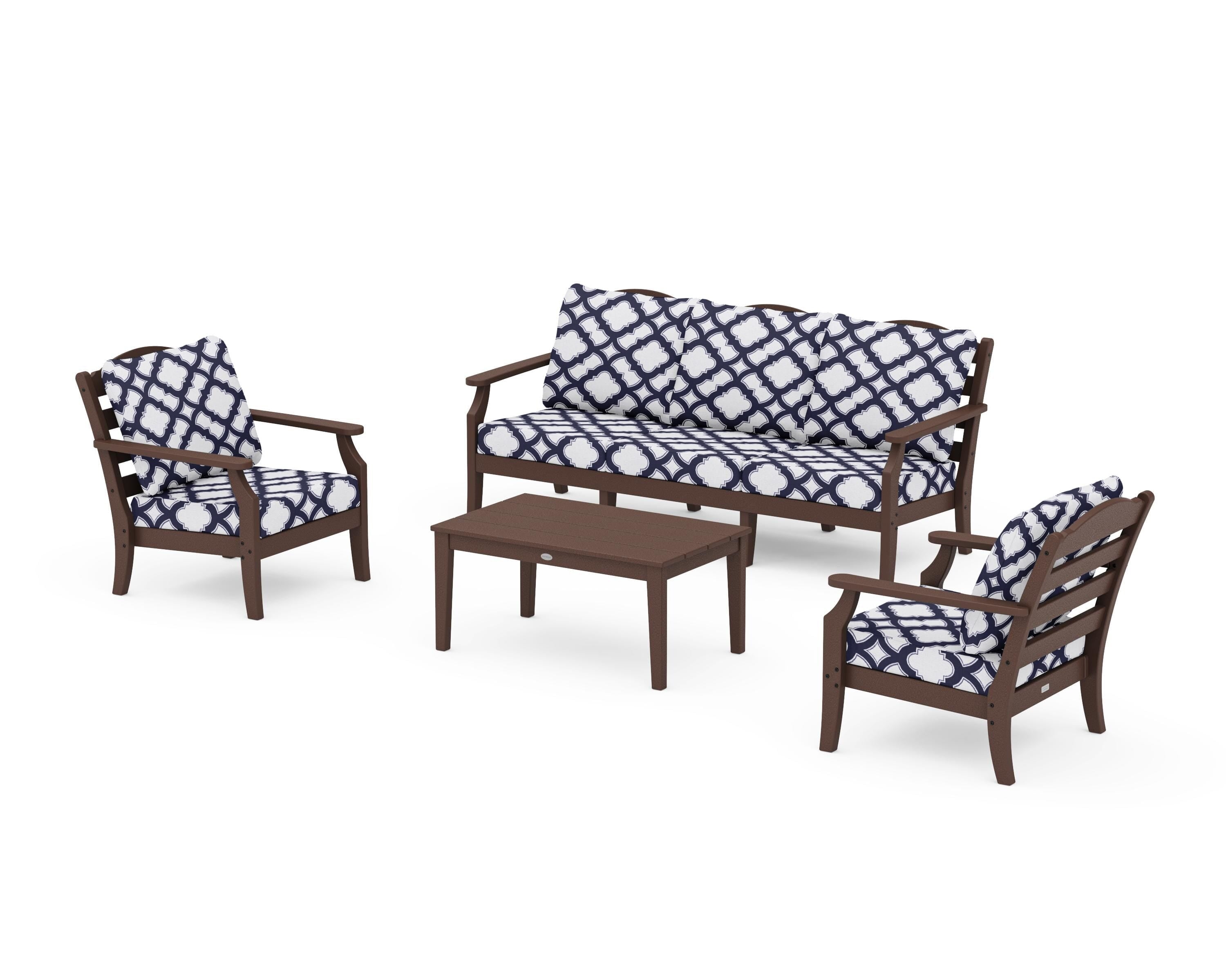 Draper James™ by POLYWOOD® Savannah 4-Piece Deep Seating Set with Sofa in Mahogany / Trellis Navy