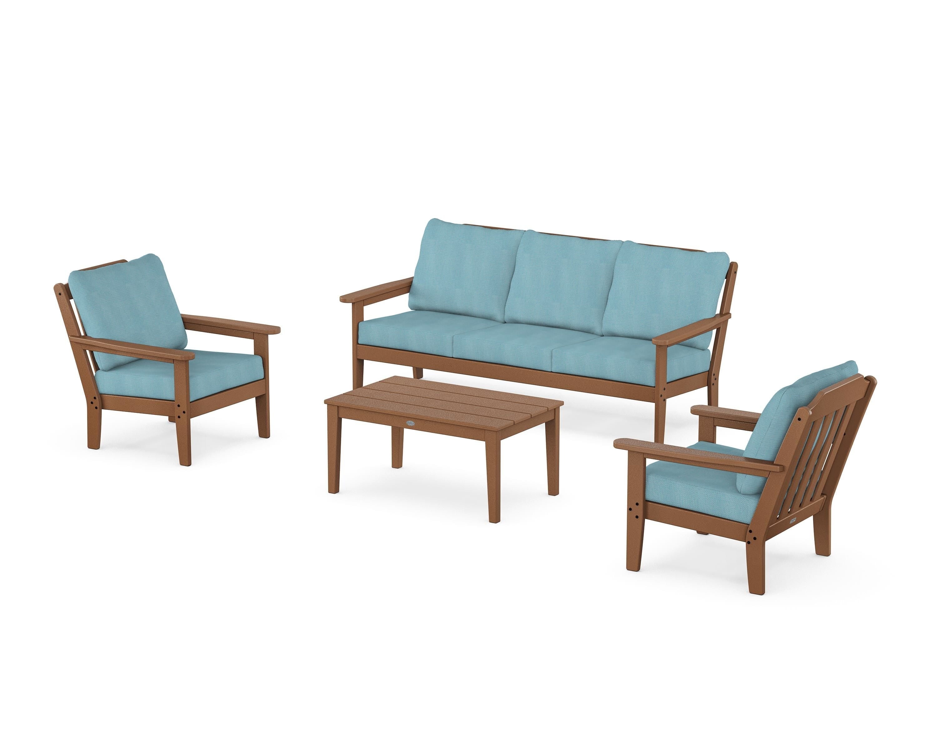 Country Living Cottage 4-Piece Deep Seating Set with Sofa in Teak / Lattice Sky Blue