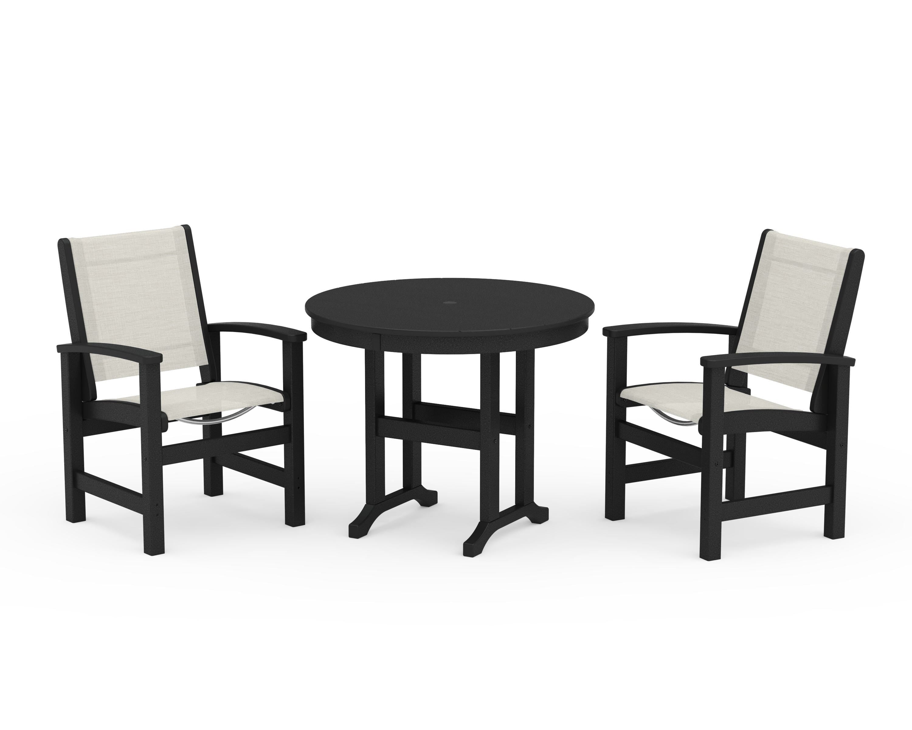 POLYWOOD® Coastal 3-Piece Round Dining Set in Black / Parchment Sling