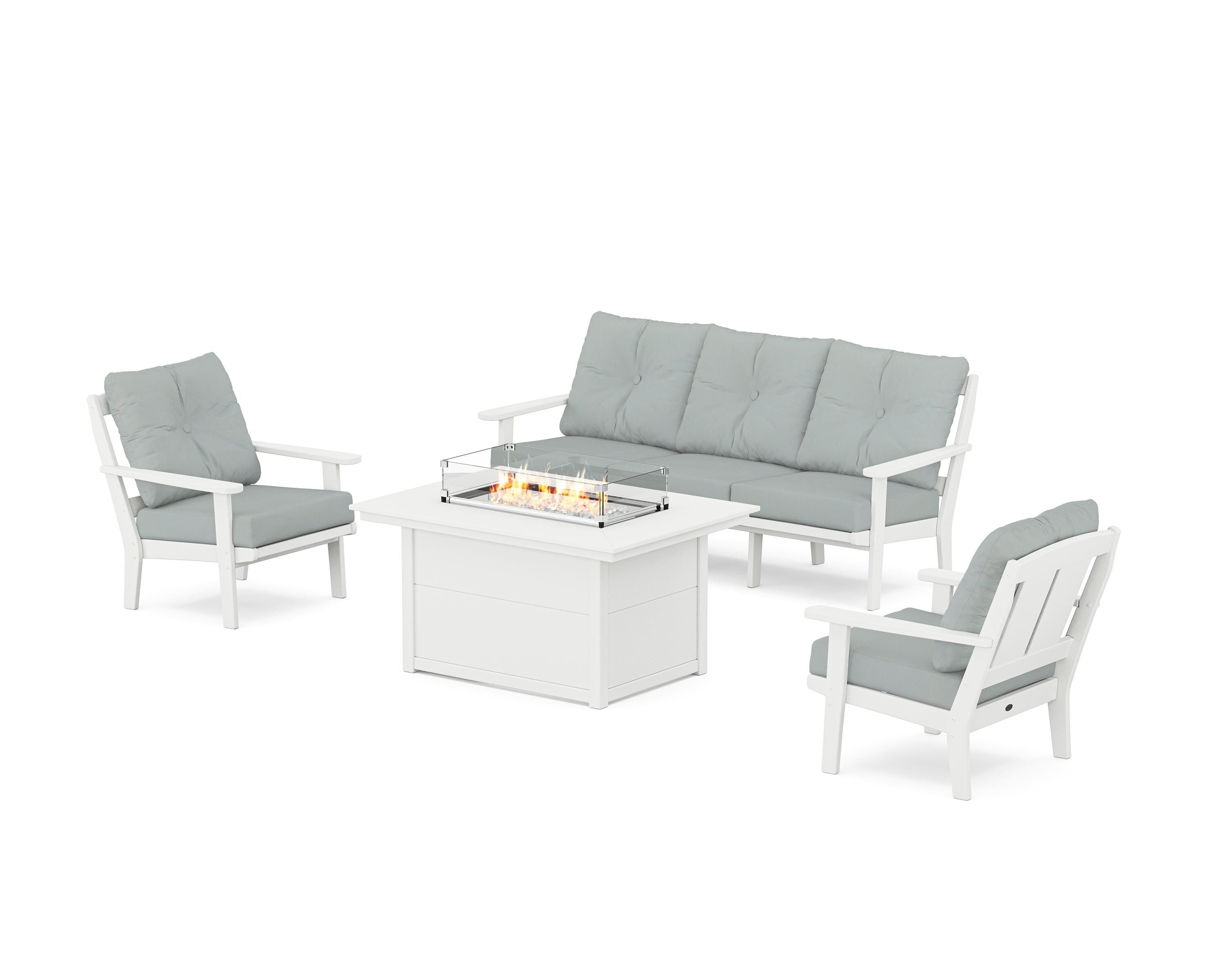 POLYWOOD® Mission Deep Seating Fire Pit Table Set in White / Spa