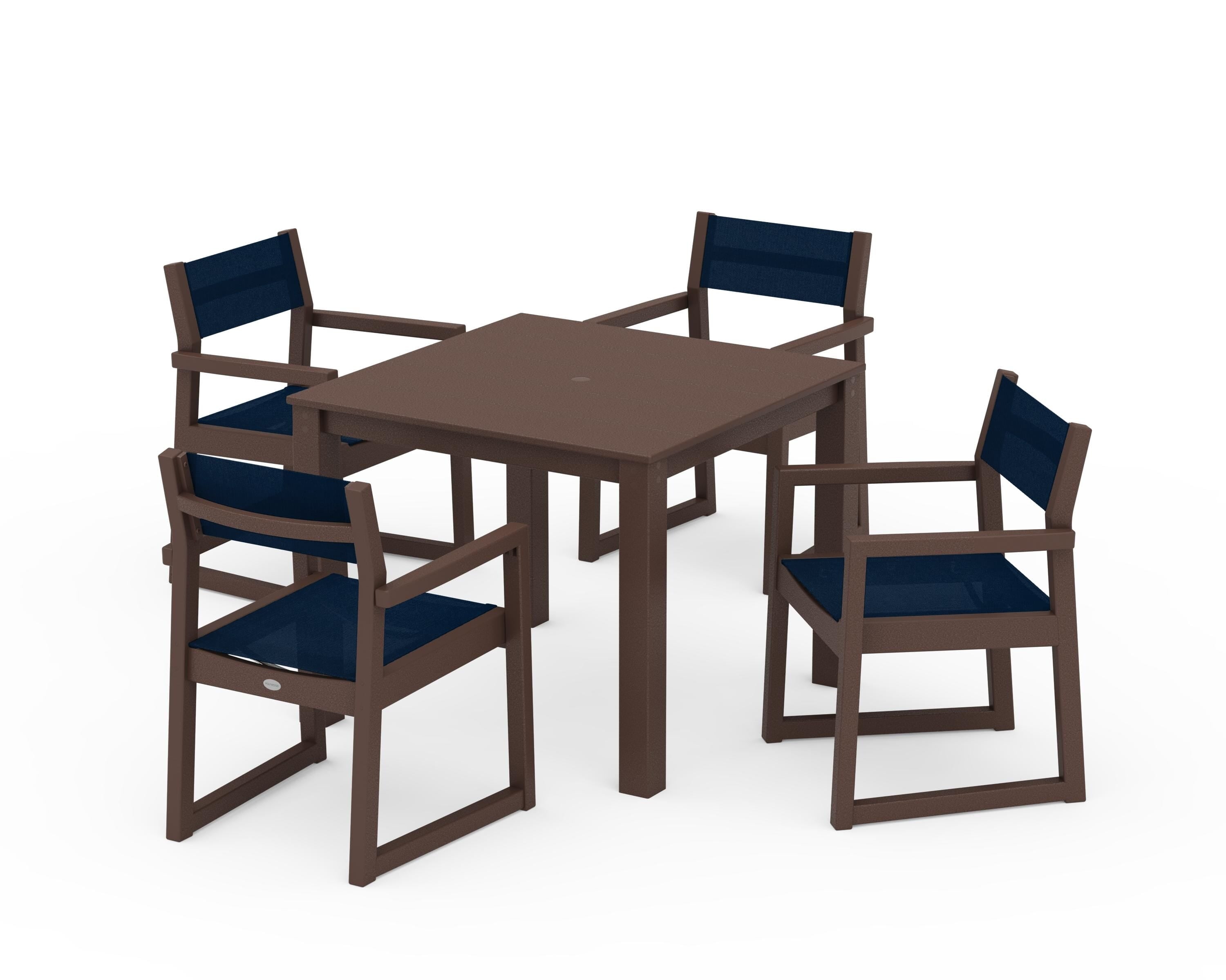 POLYWOOD® EDGE Sling Arm Chair 5-Piece Parsons Dining Set in Mahogany / Navy Blue Sling