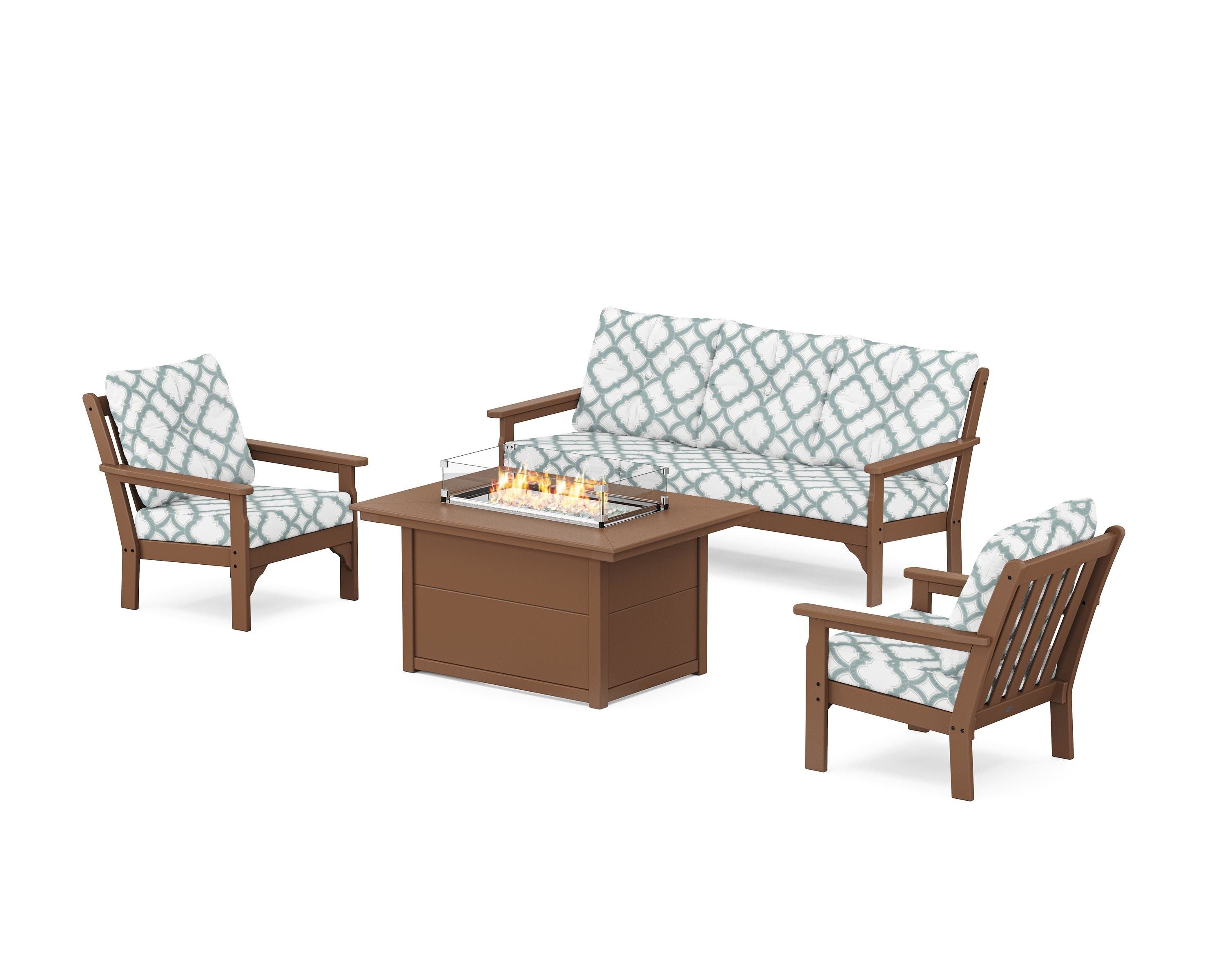 POLYWOOD® Vineyard Deep Seating Fire Pit Table Set in Teak / Trellis Glacier Spa