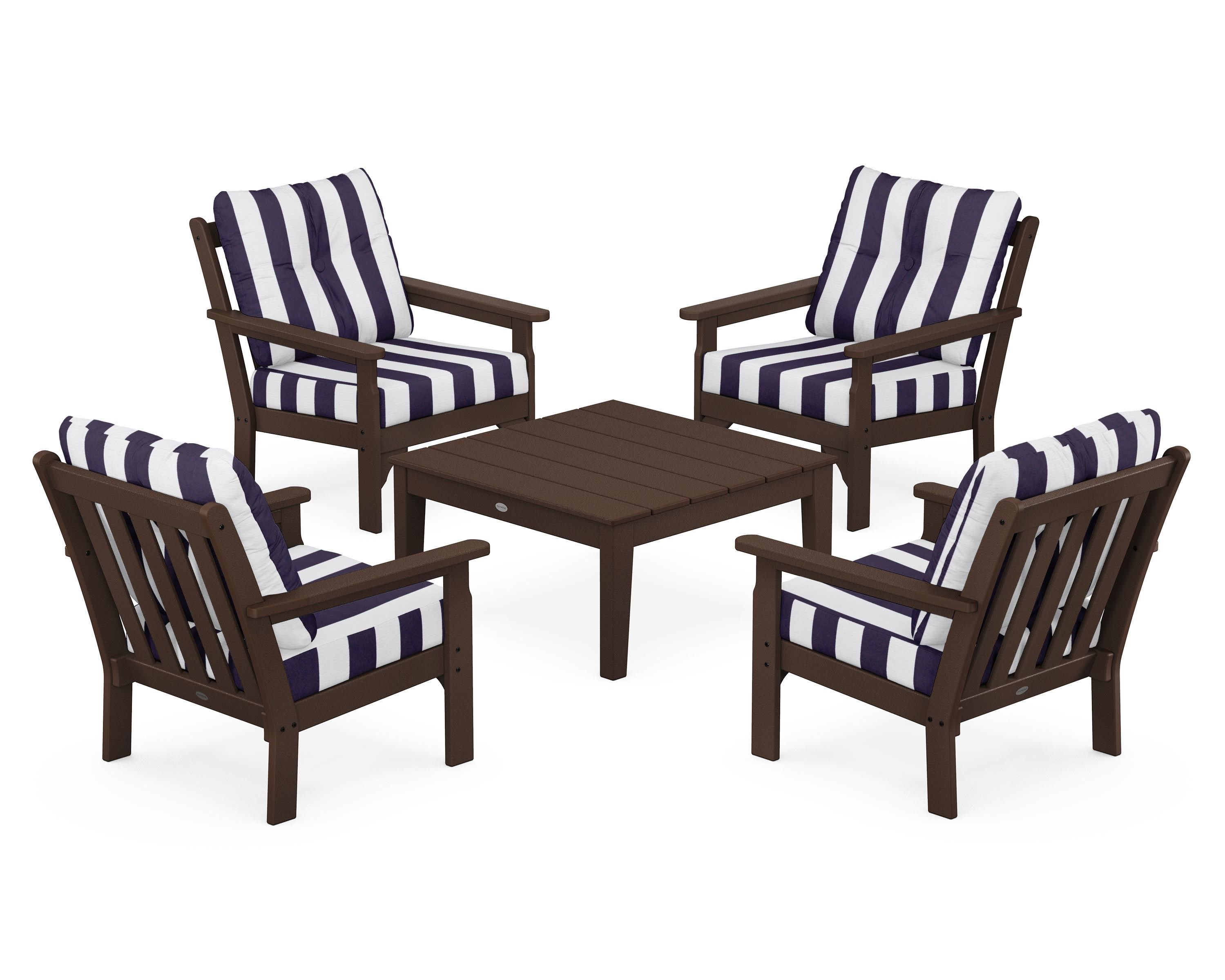 POLYWOOD® Vineyard 5-Piece Deep Seating Conversation Set in Mahogany / Cabana Stripe Navy
