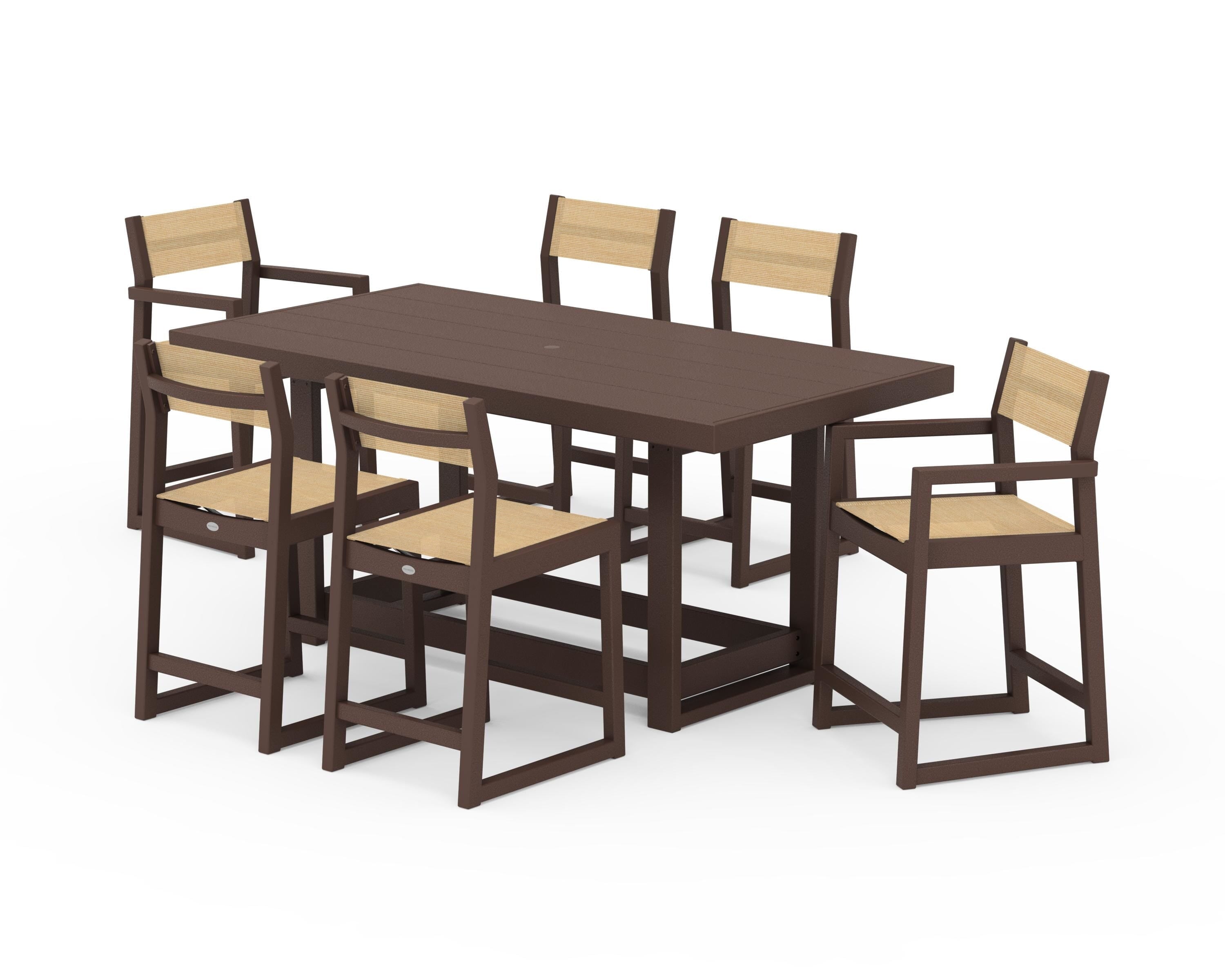 POLYWOOD® EDGE Sling 7-Piece Counter Table Set in Mahogany / Dupioni Apricot Sling