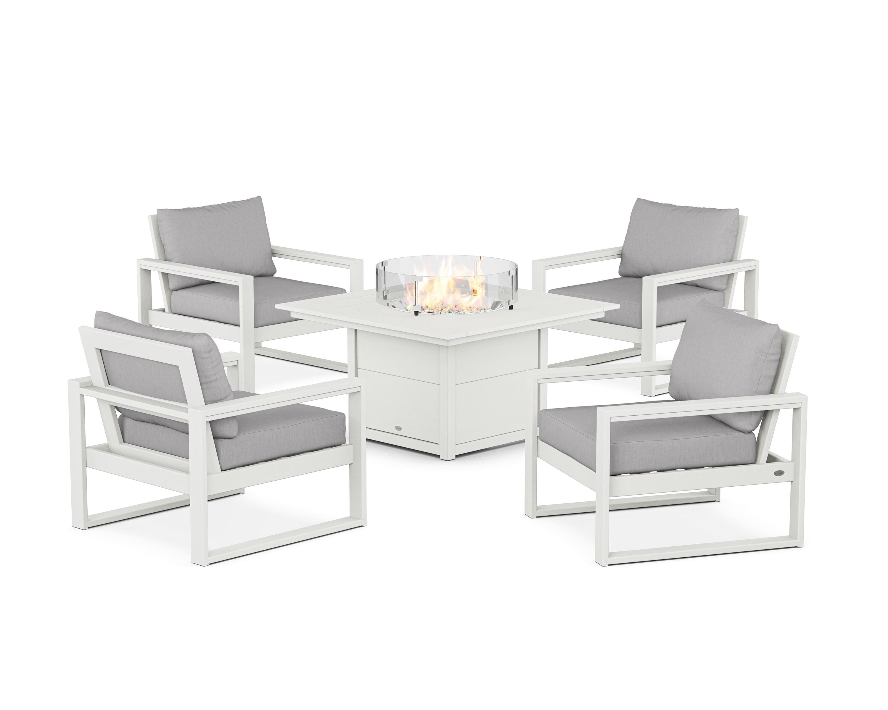 POLYWOOD® EDGE Sectional 5-Piece Deep Seating Set with Fire Pit Table in Vintage White / Granite