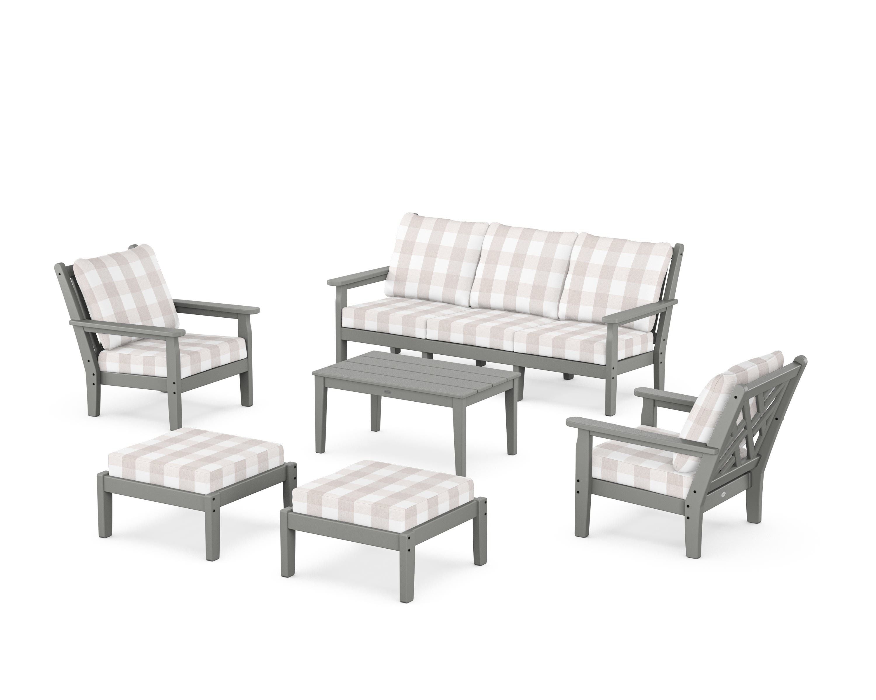 POLYWOOD® Chippendale 6-Piece Lounge Sofa Set in Slate Grey / Buffalo Plaid Dune Burlap