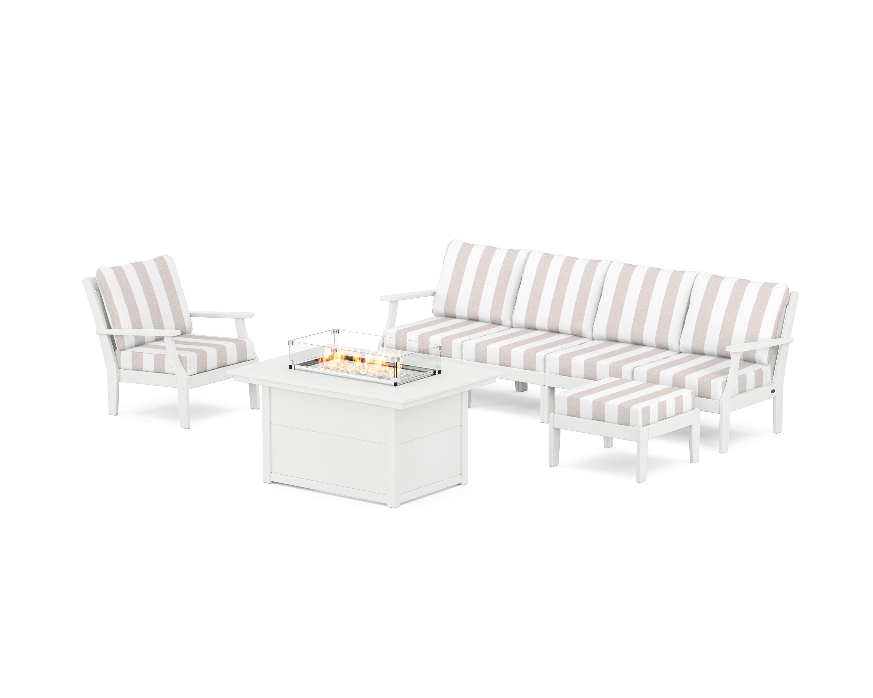 POLYWOOD® Braxton Sectional Lounge and Fire Pit Set in White / Cabana Stripe Dune Burlap