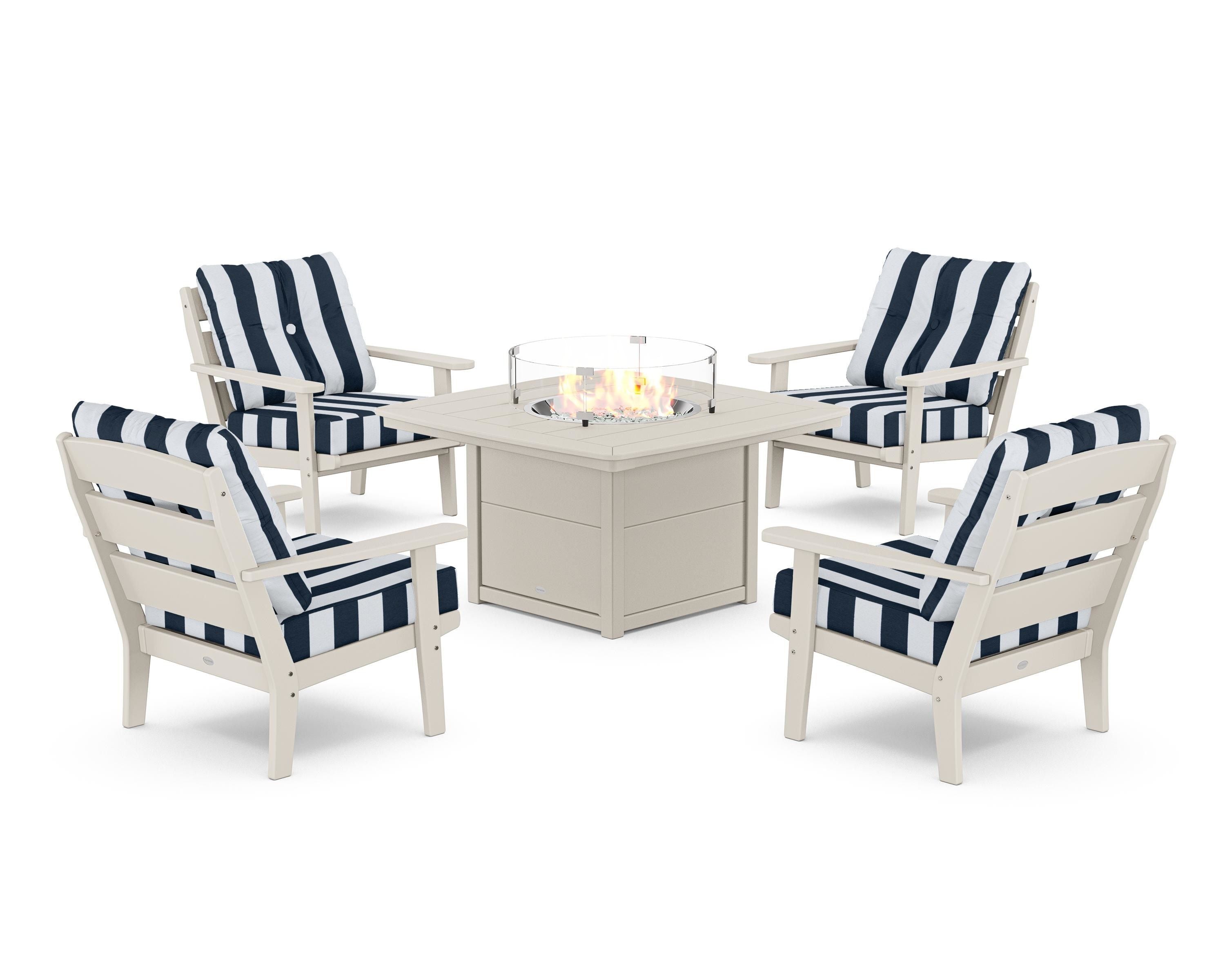 POLYWOOD® Lakeside 5-Piece Deep Seating Set with Nautical Fire Pit Table in Sand / Cabana Stripe Marine Indigo