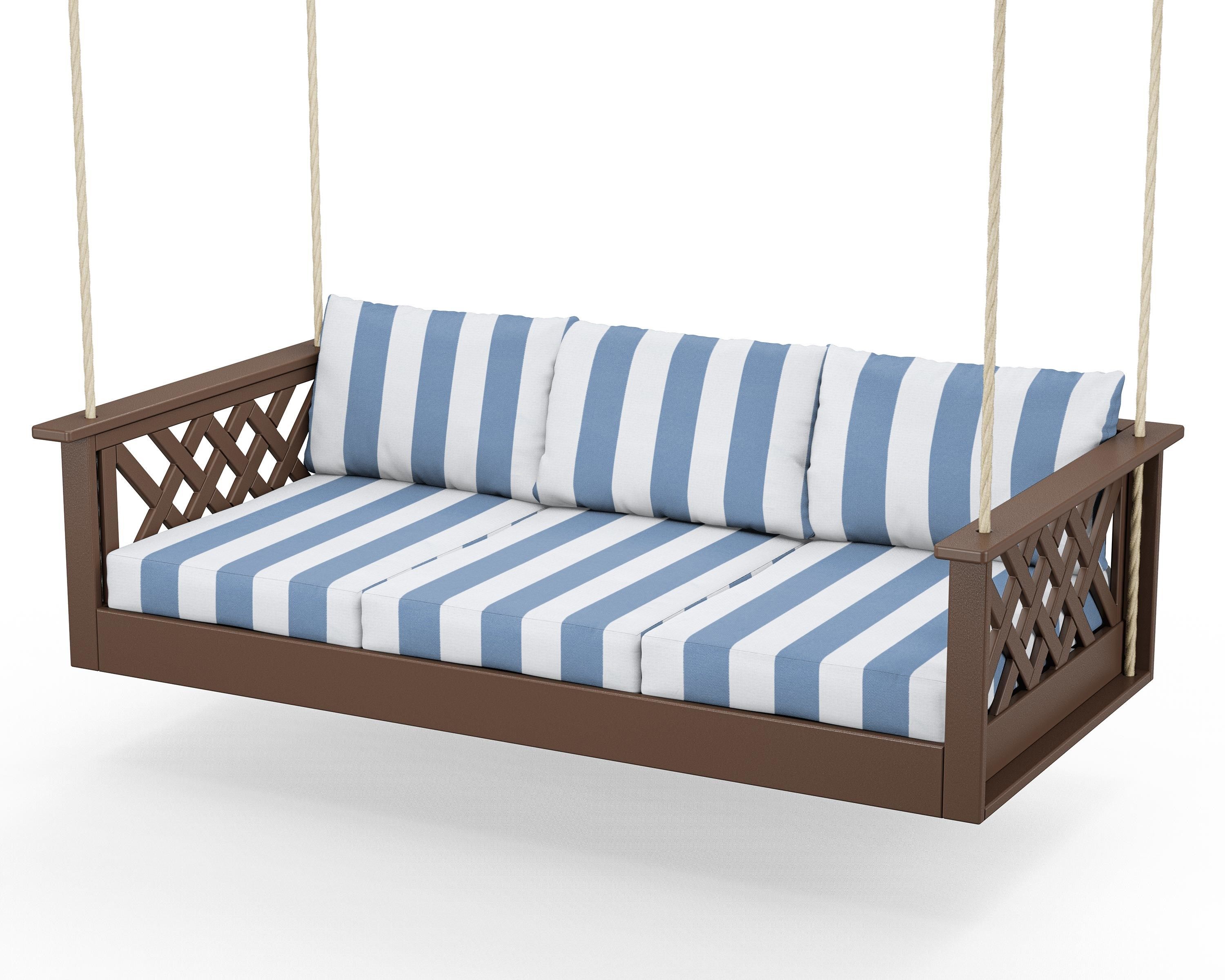 Country Living Wovendale Daybed Swing in Mahogany / Cabana Stripe Sky Blue