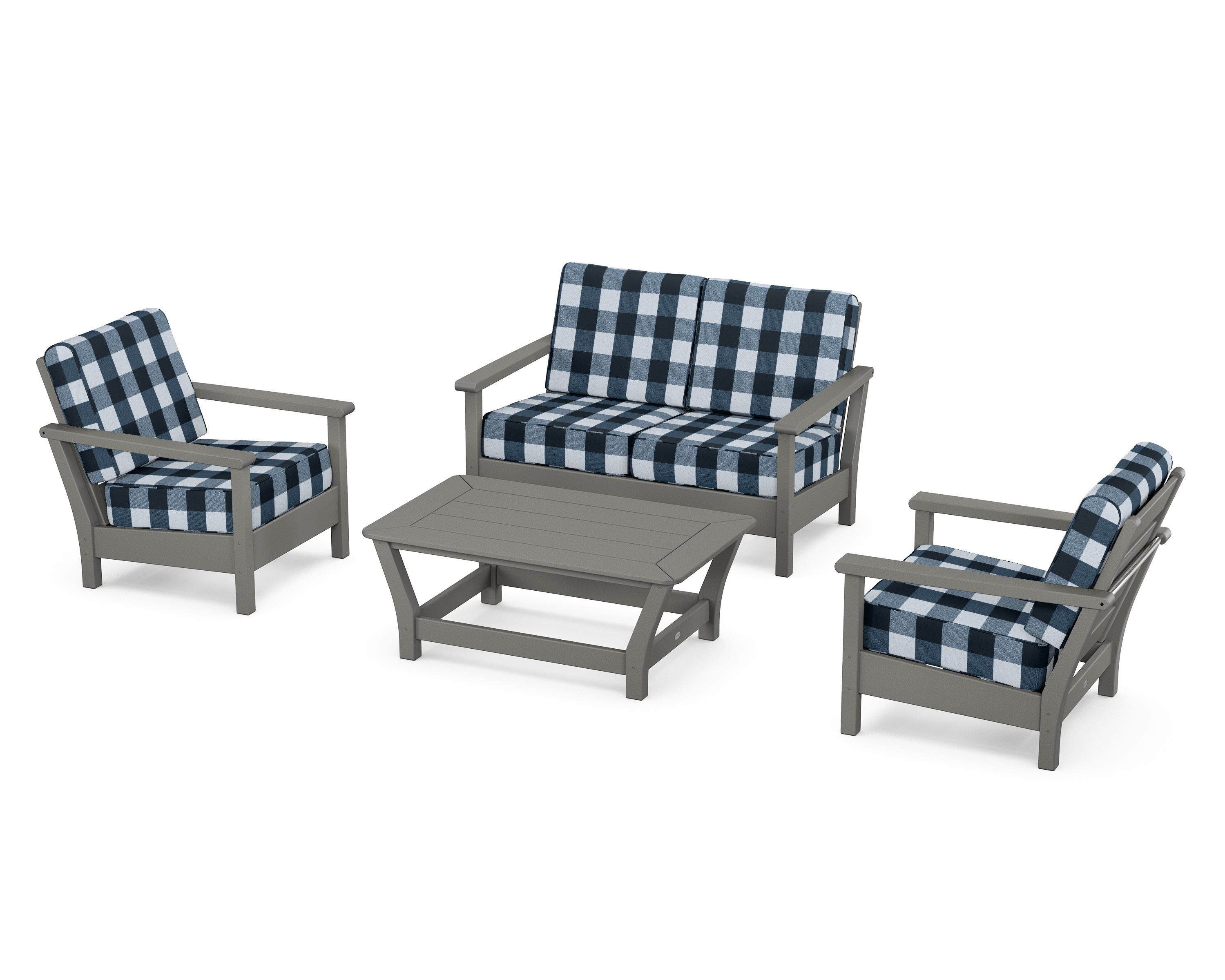 POLYWOOD® Harbour 4-Piece Deep Seating Set in Slate Grey / Buffalo Plaid Marine Indigo