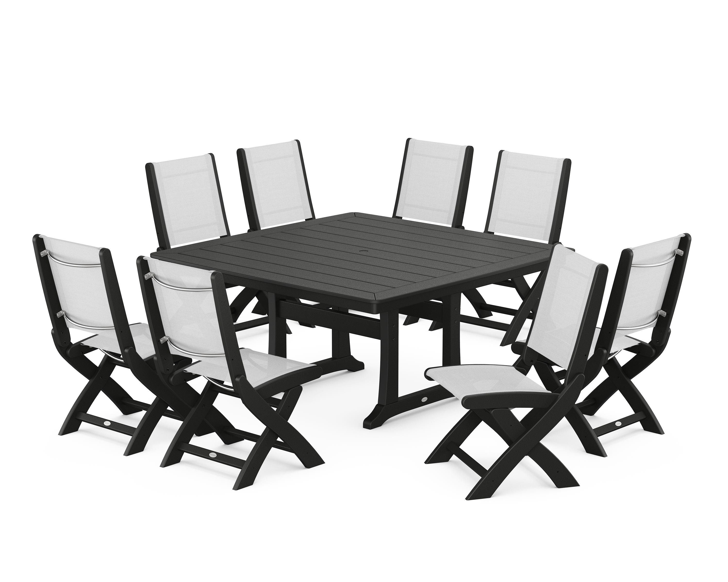 POLYWOOD® Coastal Folding Side Chair 9-Piece Dining Set with Trestle Legs in Black / White Sling