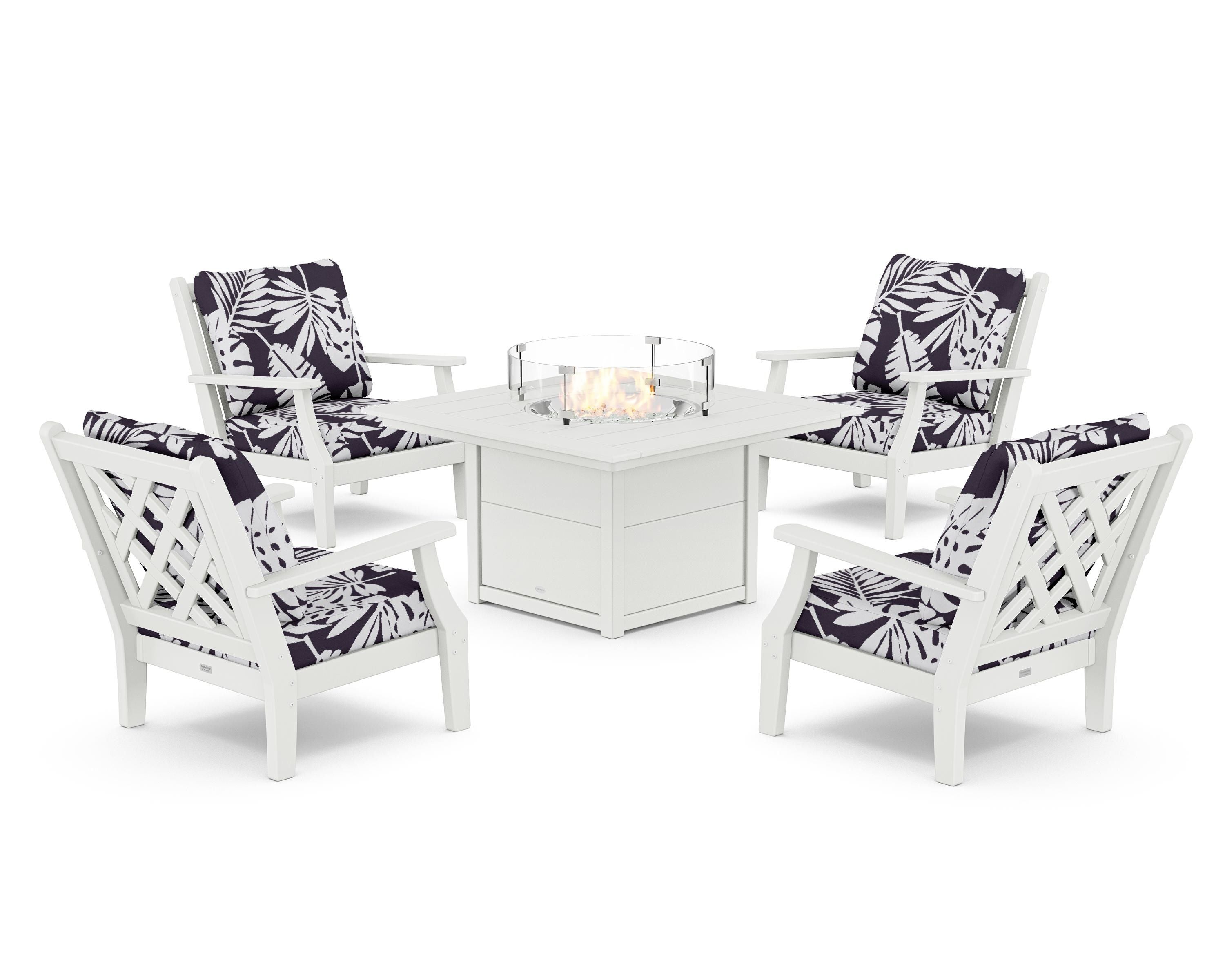 Country Living Wovendale 5-Piece Deep Seating Set with Fire Pit Table in White / Leaf Navy