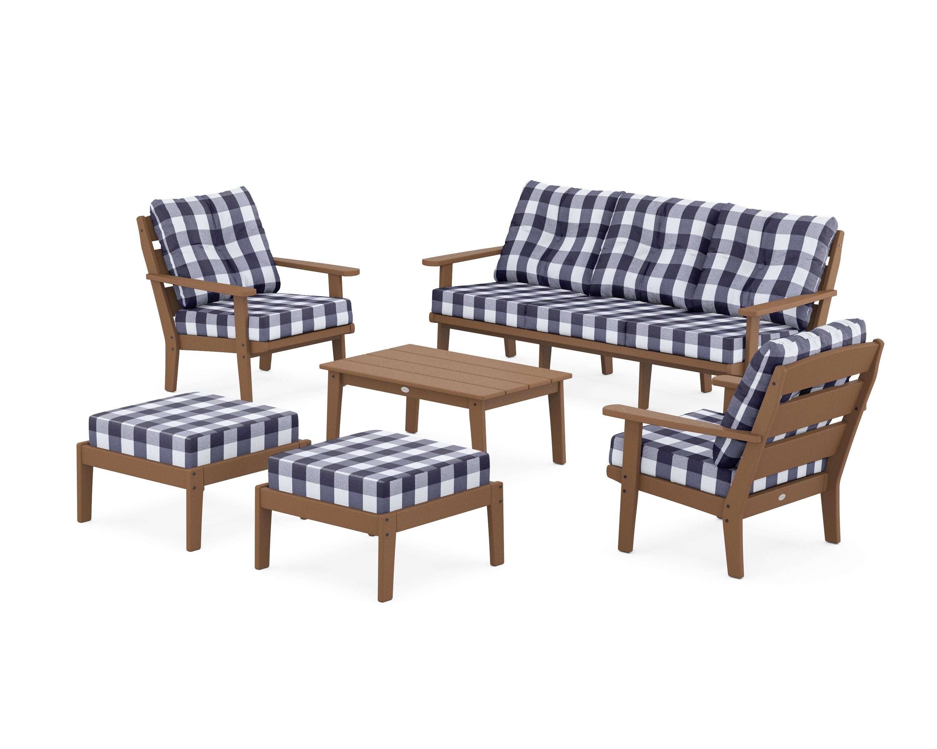POLYWOOD® Lakeside 6-Piece Lounge Sofa Set in Teak / Buffalo Plaid Navy