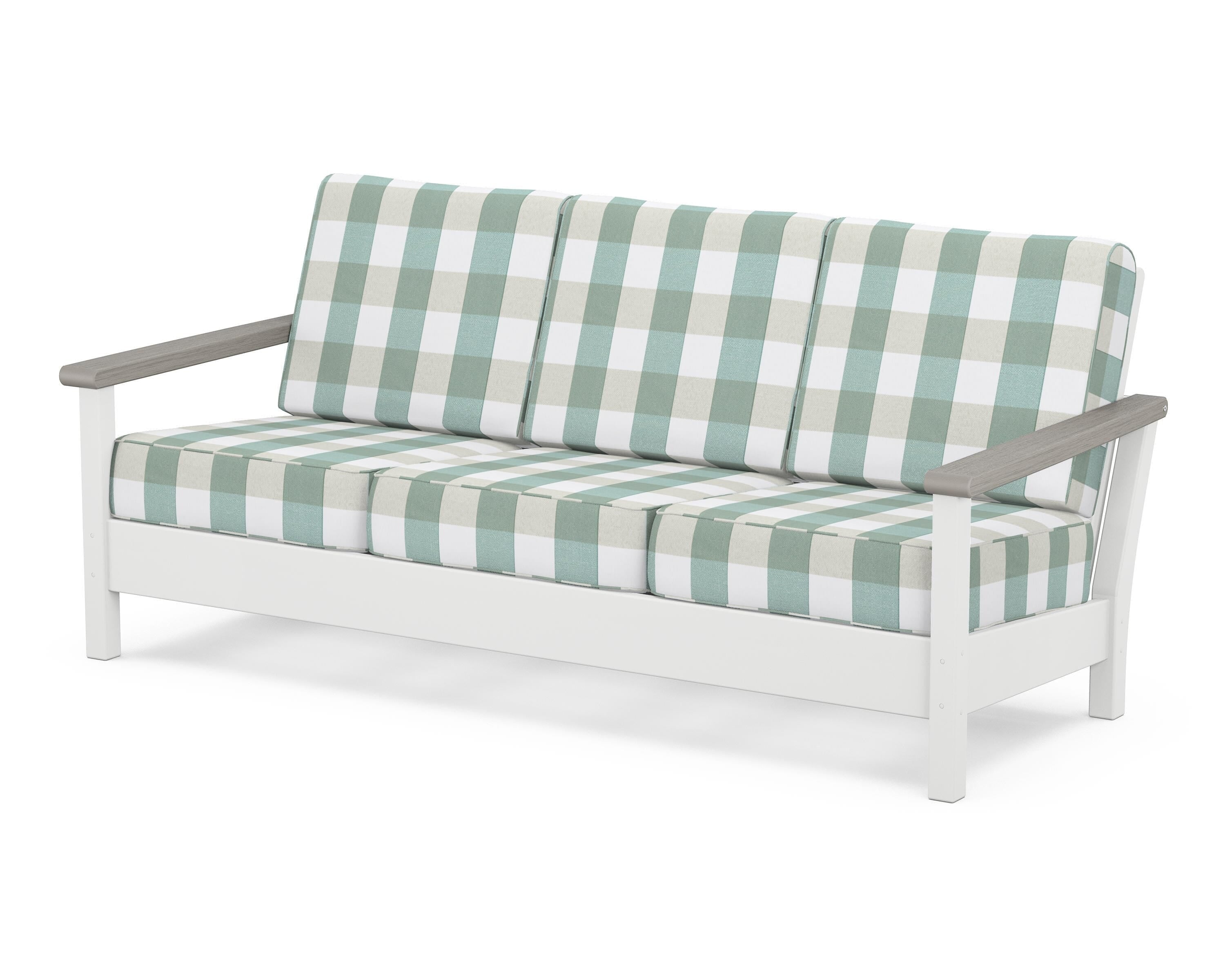 POLYWOOD® Harbour Deep Seating Sofa in White / Driftwood / Buffalo Plaid Glacier Spa