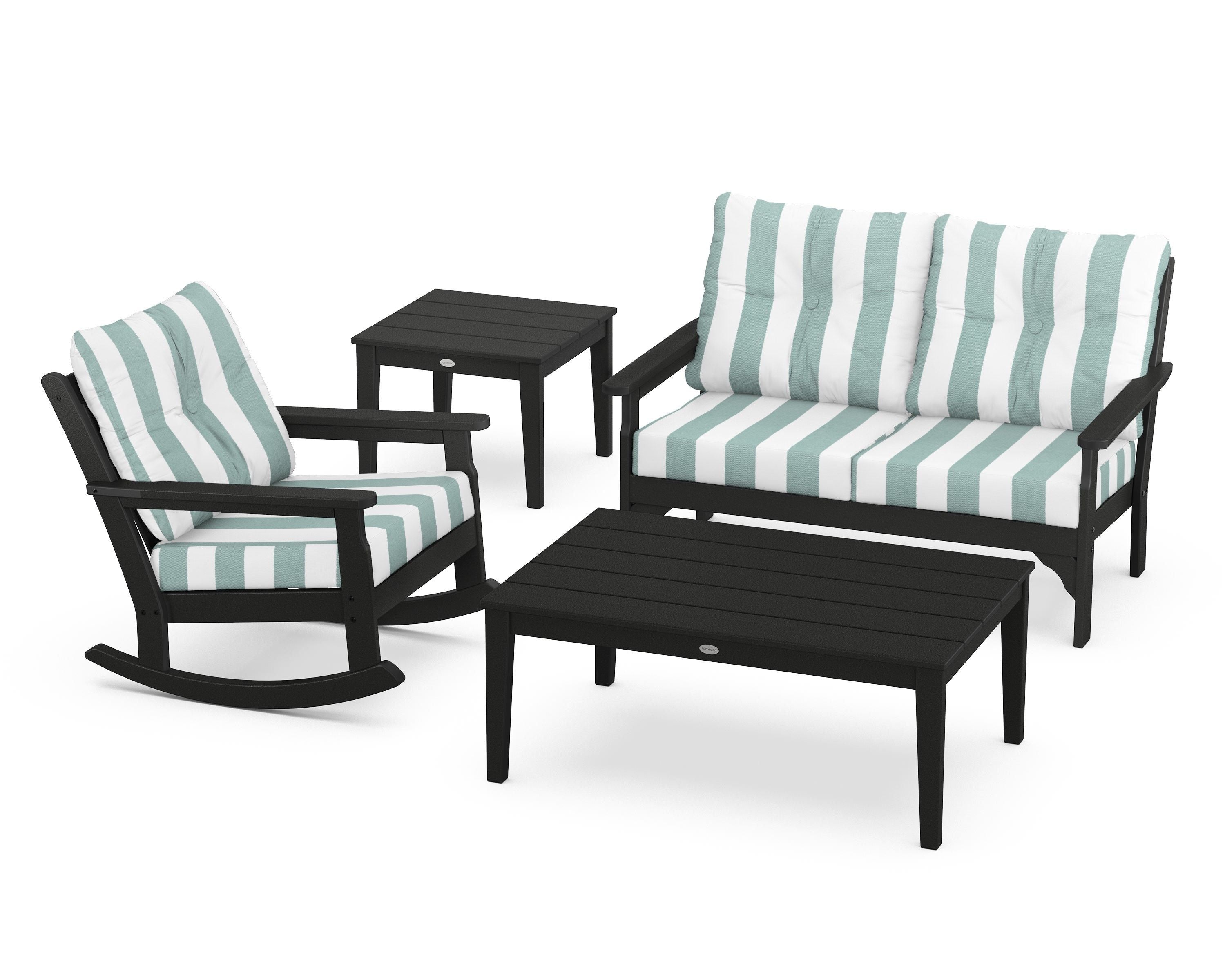 POLYWOOD® Vineyard 4-Piece Deep Seating Rocker Set in Black / Cabana Stripe Glacier Spa