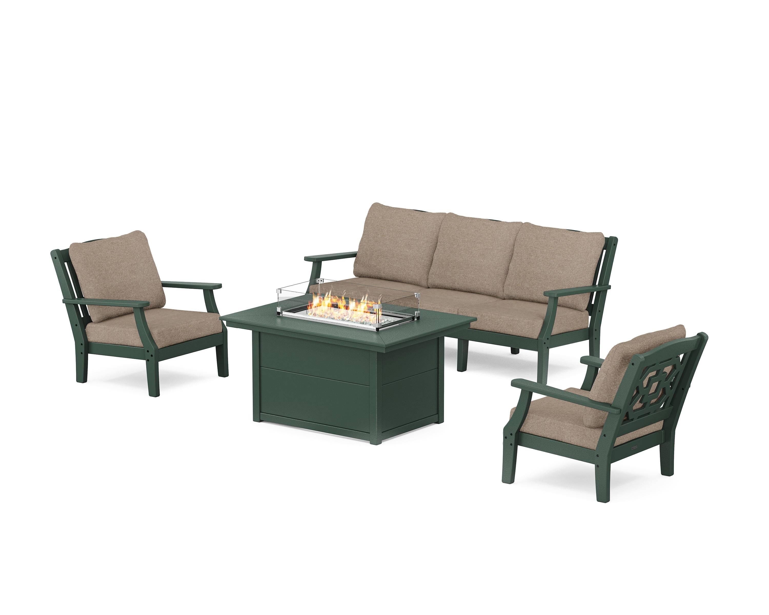 Martha Stewart by POLYWOOD® Chinoiserie Deep Seating Fire Pit Table Set in Green / Spiced Burlap