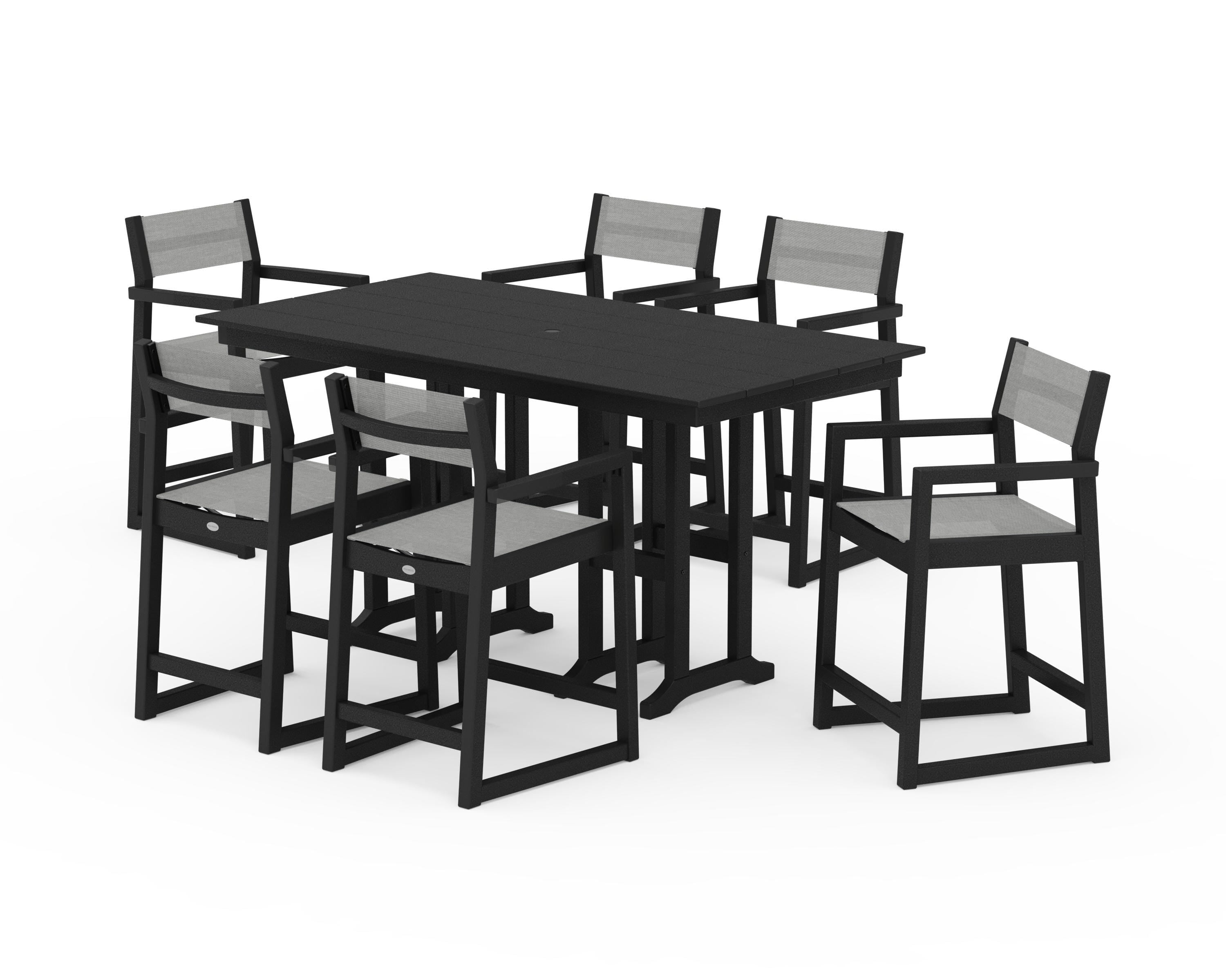 POLYWOOD® EDGE Sling Arm Chair 7-Piece Farmhouse Counter Set in Black / Metallic Sling