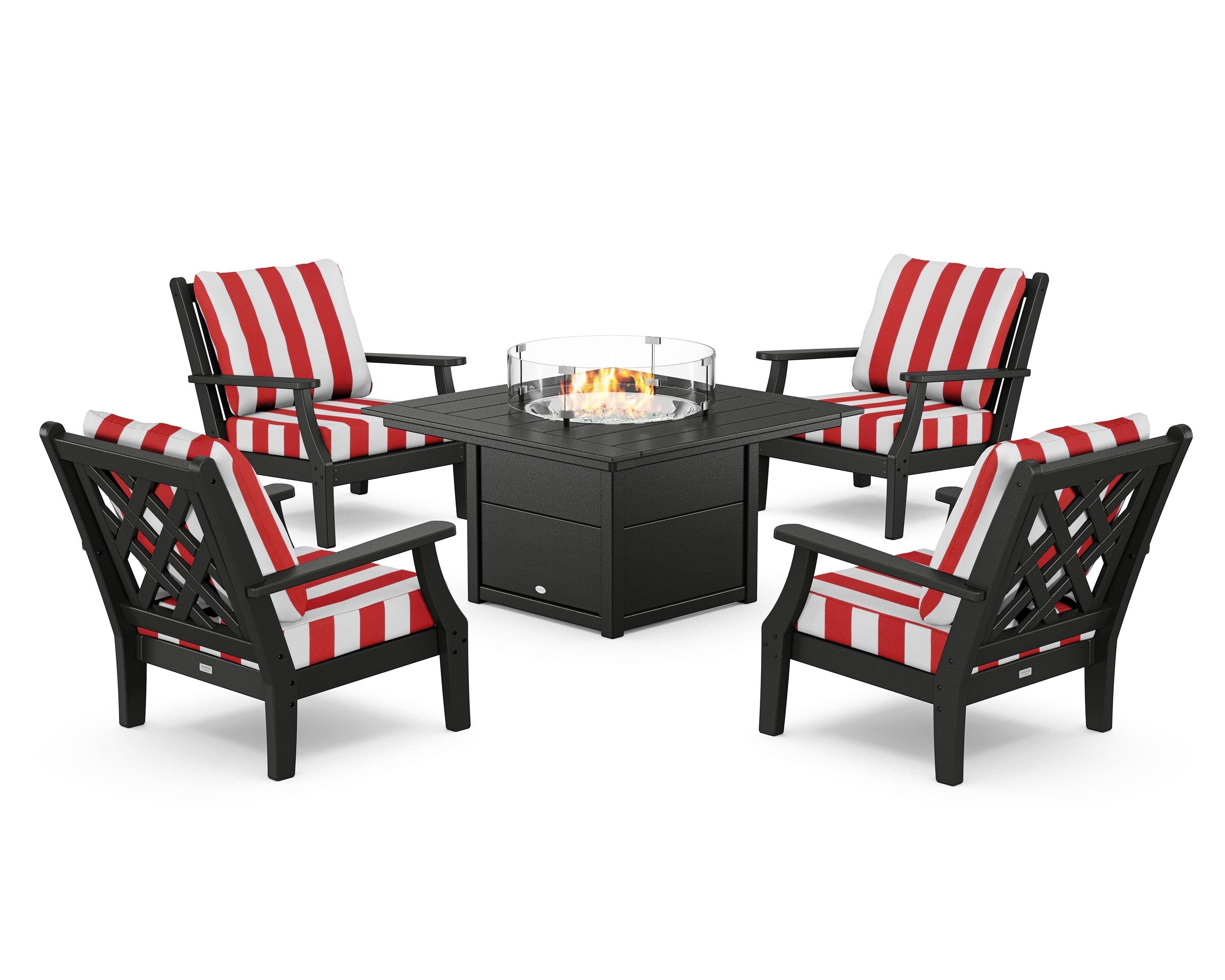 Country Living Wovendale 5-Piece Deep Seating Set with Fire Pit Table in Black / Cabana Stripe Crimson
