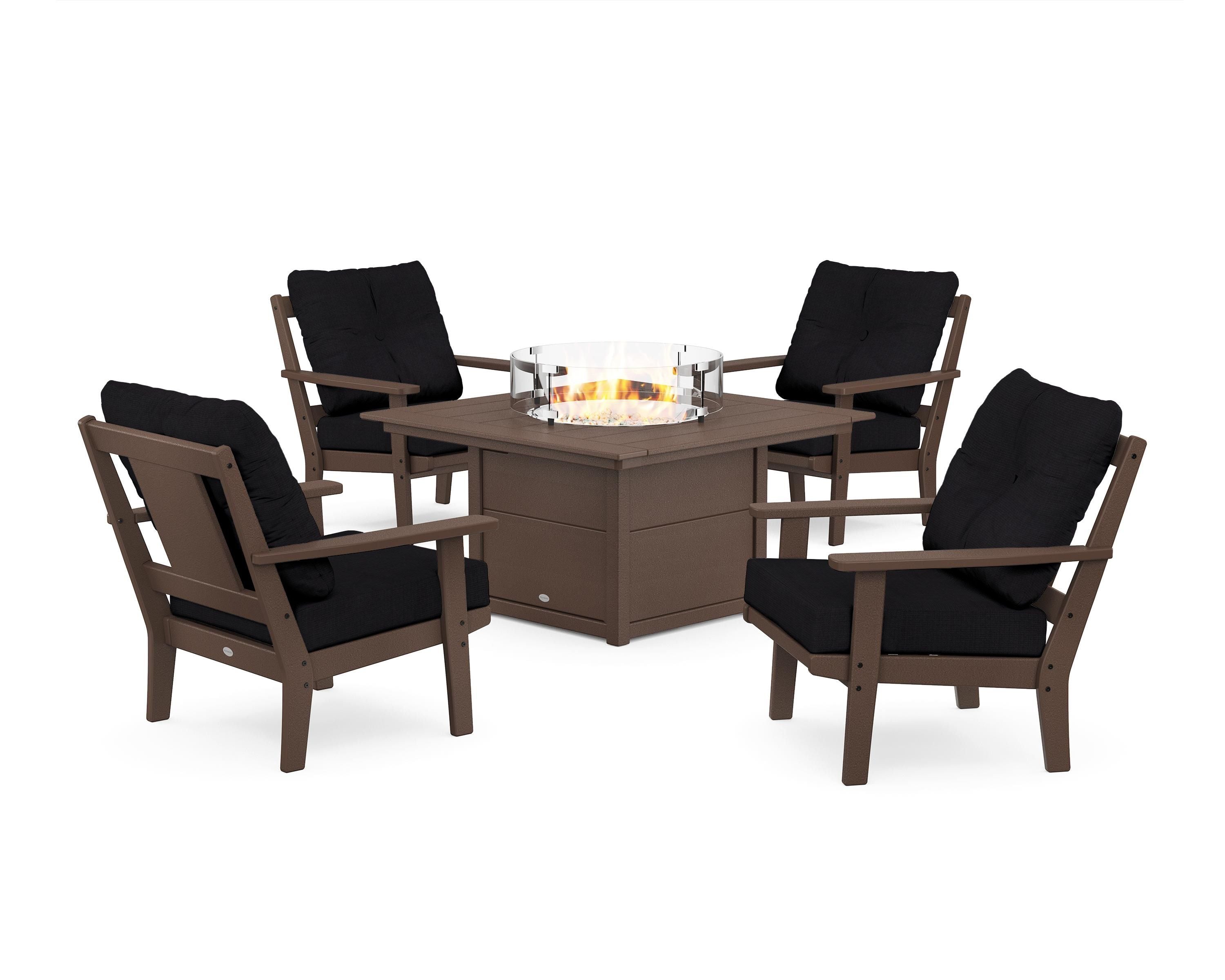 POLYWOOD® Prairie 5-Piece Deep Seating Set with Fire Pit Table in Mahogany / Midnight Linen